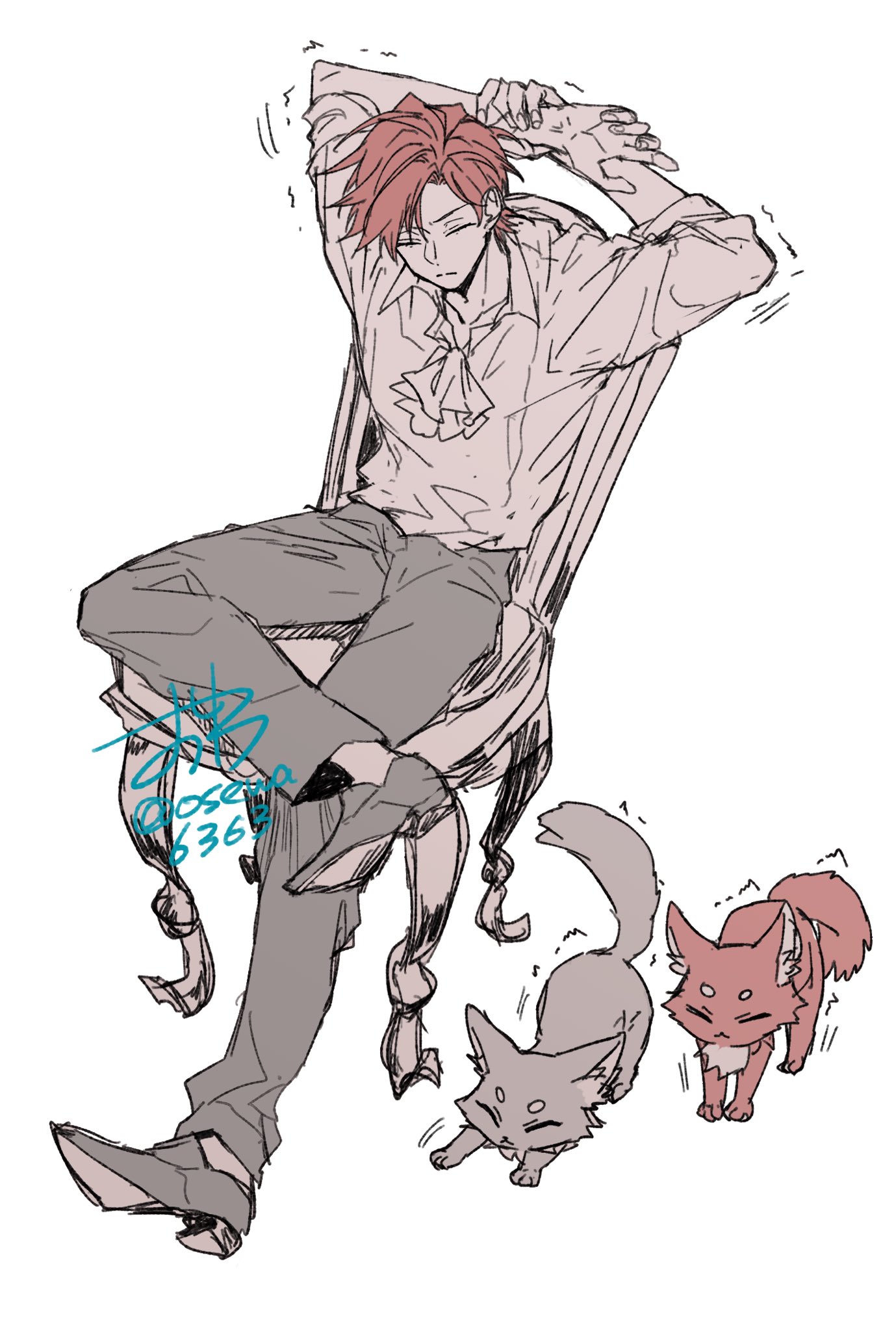 cale henituse, hong (lout of count's family), ohn (lout of count's family), lout of count's family, commentary request, highres, 1boy, arms up, ascot, black pants, cat, chair, closed eyes, collared shirt, crossed legs, dated, full body, grey pants, male focus, osewa6363, pants, red hair, shirt, short hair, signature, simple background, sitting, sleeves rolled up, solo, stretching, trembling, white background