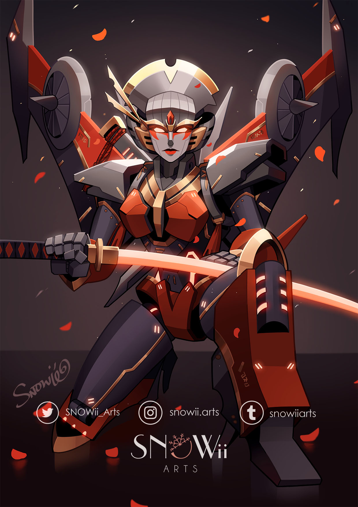 snowii arts, windblade, the transformers (idw), transformers, commentary, commission, english commentary, highres, airplane wing, beam weapon, energy sword, geisha, glowing, glowing eyes, high heels, humanoid robot, katana, mechanical wings, metal skin, petals, red eyes, red lips, robot, robot girl, sword, weapon, wings