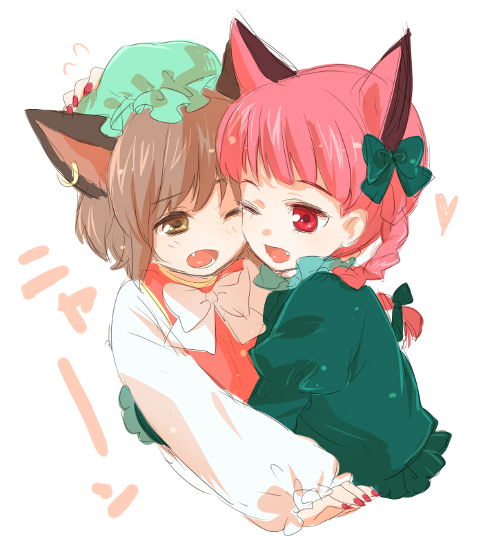 machiko (beard), chen, kaenbyou rin, touhou, bad id, bad pixiv id, 2girls, animal ears, braid, brown eyes, brown hair, cat ears, cat girl, earrings, extra ears, fang, female focus, hat, hug, jewelry, multiple girls, red eyes, red hair, short hair, sketch, wink