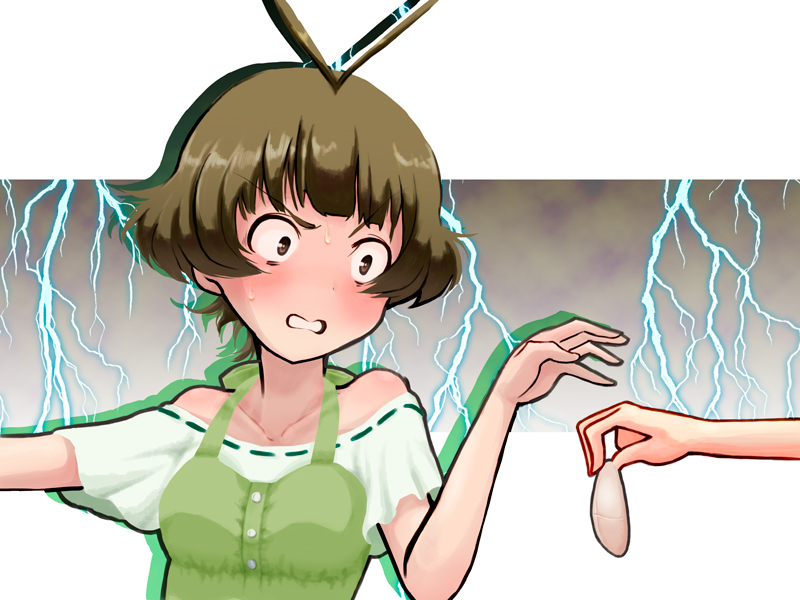 konmi, akizuki ryo, idolmaster, idolmaster dearly stars, 00s, 1boy, antenna hair, bare shoulders, blush, breast padding, brown eyes, brown hair, crossdressing, crossdressing (mtf), gradient background, lightning, male focus, open mouth, short hair, solo, surprised, sweat, trap