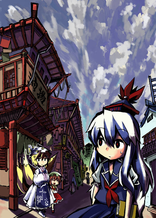 3speed, jiageya (atojian keikaku), chen, kamishirasawa keine, yakumo ran, touhou, 3girls, animal ears, animal hat, blonde hair, blue hair, blue sky, book, brown hair, cat ears, cat girl, cloud, cloudy sky, day, dress, female focus, fox tail, hands in opposite sleeves, hat, long hair, long sleeves, looking back, mob cap, multicolored hair, multiple girls, multiple tails, open mouth, outdoors, shoes, short hair, sky, smile, socks, sweatdrop, tail, tassel, town, two-tone hair, white hair, wide sleeves