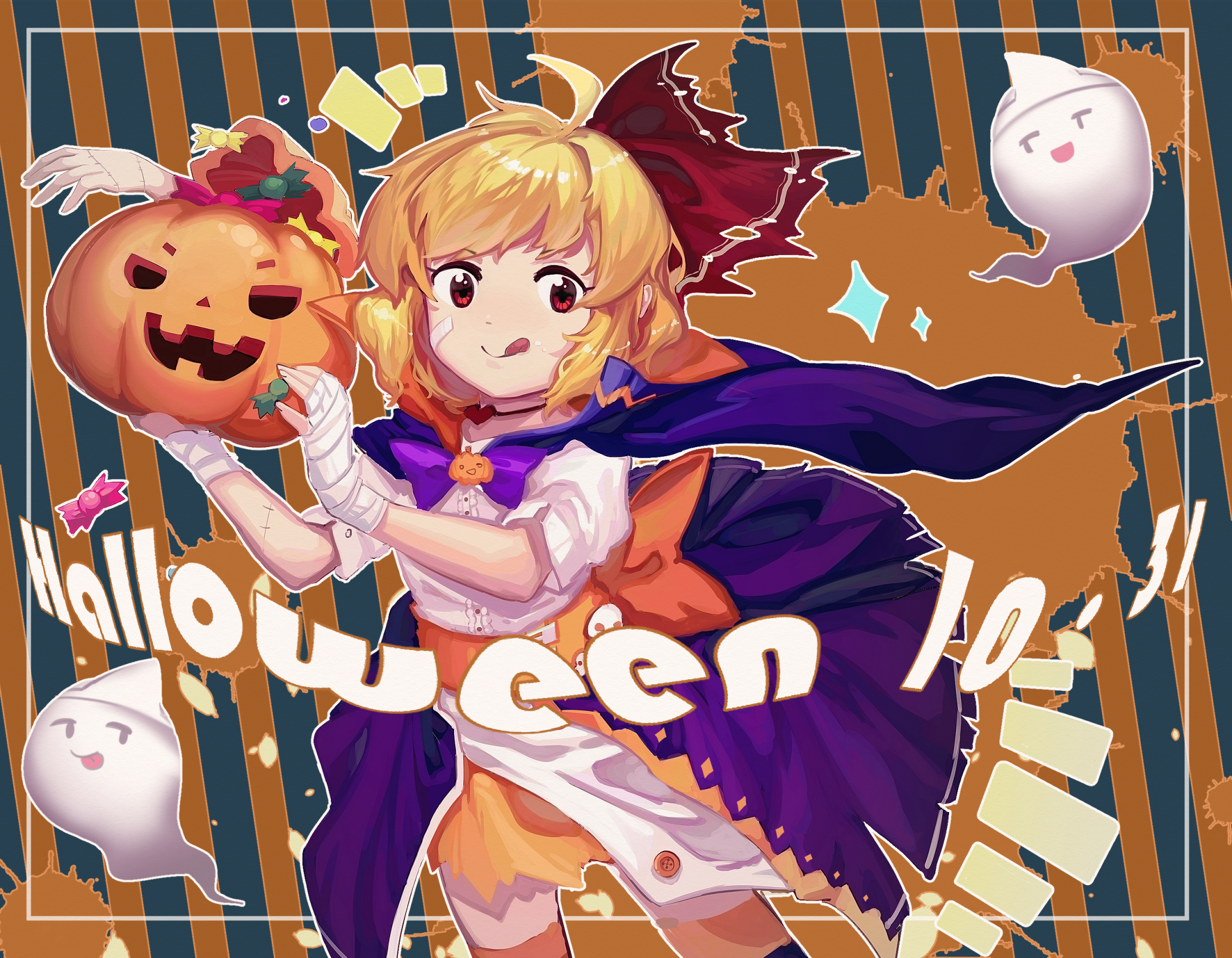 furahata gen, rumia, touhou, highres, 1girl, 2018, :p, ahoge, black socks, blonde hair, blue cape, bow, bowtie, cape, choker, collared shirt, dress shirt, ghost, hair bow, halloween, halloween costume, holding, holding pumpkin, looking at viewer, october, orange bow, orange sash, orange skirt, orange socks, pumpkin, pumpkin ornament, purple bow, purple bowtie, purple skirt, red bow, red eyes, shirt, short hair, skirt, sleeve cuffs, socks, solo, swept bangs, tongue, tongue out, two-tone background, two-tone socks, white shirt