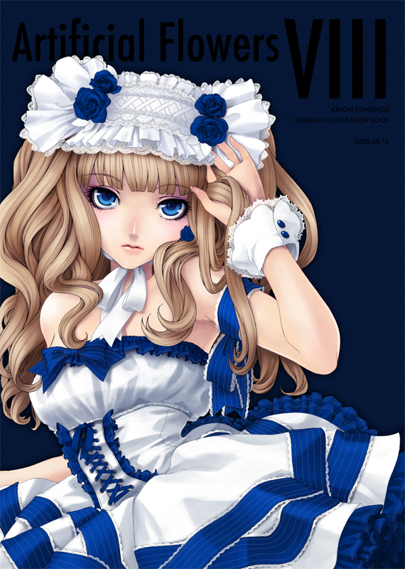 kunishige keiichi, 1girl, arm ribbon, arm up, bare shoulders, blonde hair, blue background, blue eyes, blue flower, blue rose, blunt bangs, chinstrap, dress, expressionless, eyelashes, female focus, flower, frilled dress, frills, hairband, hand in own hair, lace, lips, lolita fashion, lolita hairband, long hair, looking at viewer, makeup, ribbon, rose, solo, strapless, strapless dress, wavy hair, wrist cuffs
