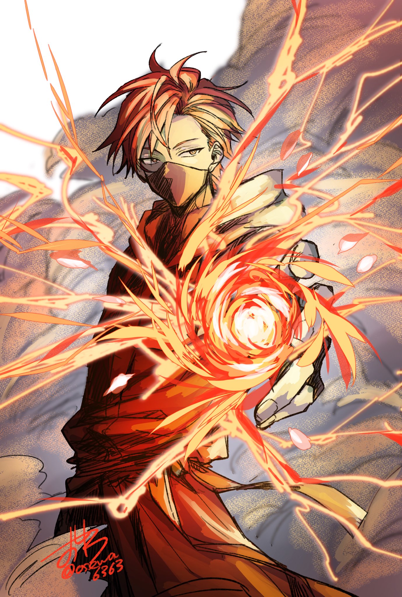 cale henituse, lout of count's family, commentary, highres, symbol-only commentary, 1boy, black mask, casting spell, dated, electricity, energy, energy ball, fire, hood, hood down, looking at viewer, looking to the side, magic, male focus, mask, mouth mask, ninja, ninja mask, osewa6363, red hair, robe, sash, short hair, signature, smoke, solo