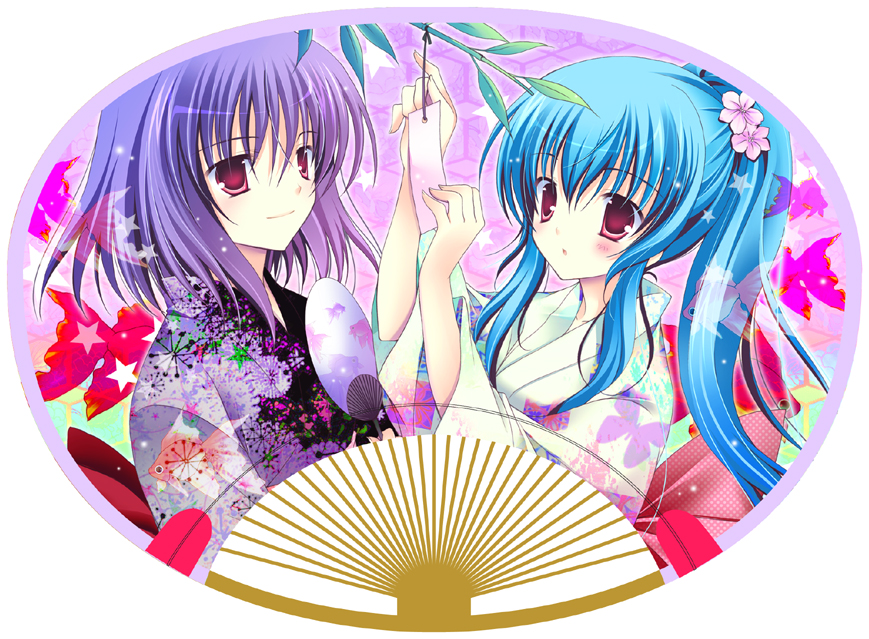shirogane hina, hinanawi tenshi, nagae iku, touhou, 2girls, blue hair, female focus, hand fan, japanese clothes, kimono, multiple girls, paper fan, purple hair, red eyes, tanabata, tanzaku, uchiwa, uchiwa (medium)