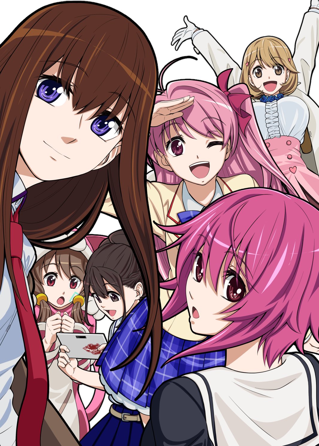 eibon, aizaki momo, makise kurisu, narusawa ryouka, onoe serika, sakihata rimi, senomiya akiho, anonymous;code, chaos;child, chaos;head, occultic;nine, robotics;notes, science adventure, steins;gate, shiny eyes, commentary request, highres, :o, animal costume, animal ear hood, antenna hair, arms up, belt, belt buckle, black dress, black thighhighs, blazer, blue skirt, bob cut, bow, bowtie, braid, breasts, brown eyes, brown hair, brown jacket, buckle, buttons, cat costume, cat tail, chuo tanegashima high school uniform, coat, collared shirt, cropped shirt, dress, dress shirt, fake animal ears, gloves, hair bow, hair ornament, hairclip, half up braid, heart, heart button, heart hair ornament, hekiho academy school uniform, high-waist skirt, holding, holding tablet pc, hood, hooded sweater, huge breasts, impossible clothes, in-franchise crossover, jacket, lapels, looking at viewer, looking back, miniskirt, necktie, notched lapels, one eye closed, one side up, onesie, pink eyes, pink hair, pink skirt, plaid bow, plaid bowtie, plaid clothes, plaid skirt, pleated skirt, purple bow, purple bowtie, purple eyes, purple skirt, purple trim, red eyes, red necktie, sailor collar, salute, school emblem, school uniform, shirt, short hair with long locks, skirt, smile, striped sleeves, suimei academy school uniform, sweater, sweater dress, tablet pc, tail, teeth, thighhighs, tongue, twintails, upper teeth only, white coat, white gloves, white sailor collar, white shirt