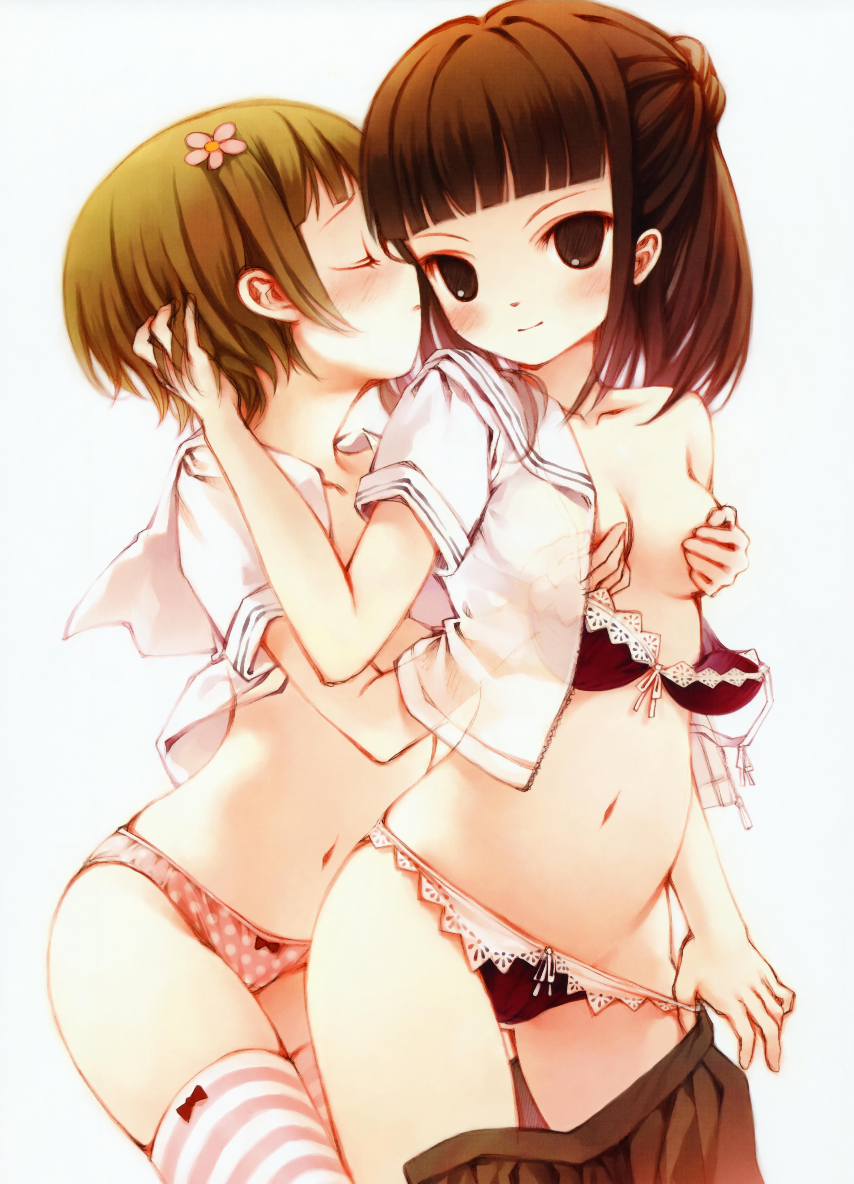 yoshinari atsushi, grabbing, absurdres, artist request, highres, blush, breasts, grabbing another's breast, kiss, lingerie, open clothes, open shirt, panties, panty pull, short hair, thighhighs, underwear, yuri