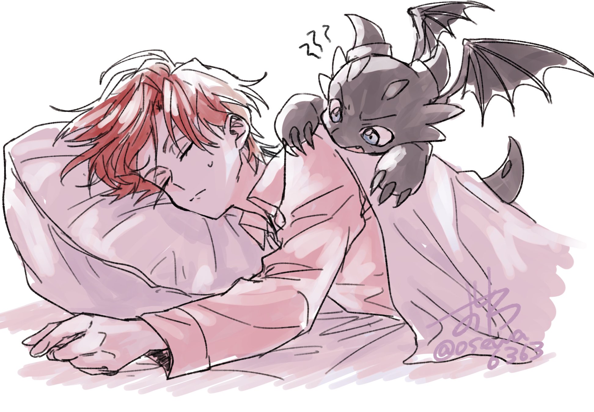 cale henituse, raon miru, lout of count's family, commentary request, highres, 1boy, bed, closed eyes, closed mouth, dragon, long sleeves, lying, male focus, open mouth, osewa6363, pajamas, pillow, pink shirt, red hair, shirt, short hair, simple background, sleeping, sweatdrop, under covers, white background, wings