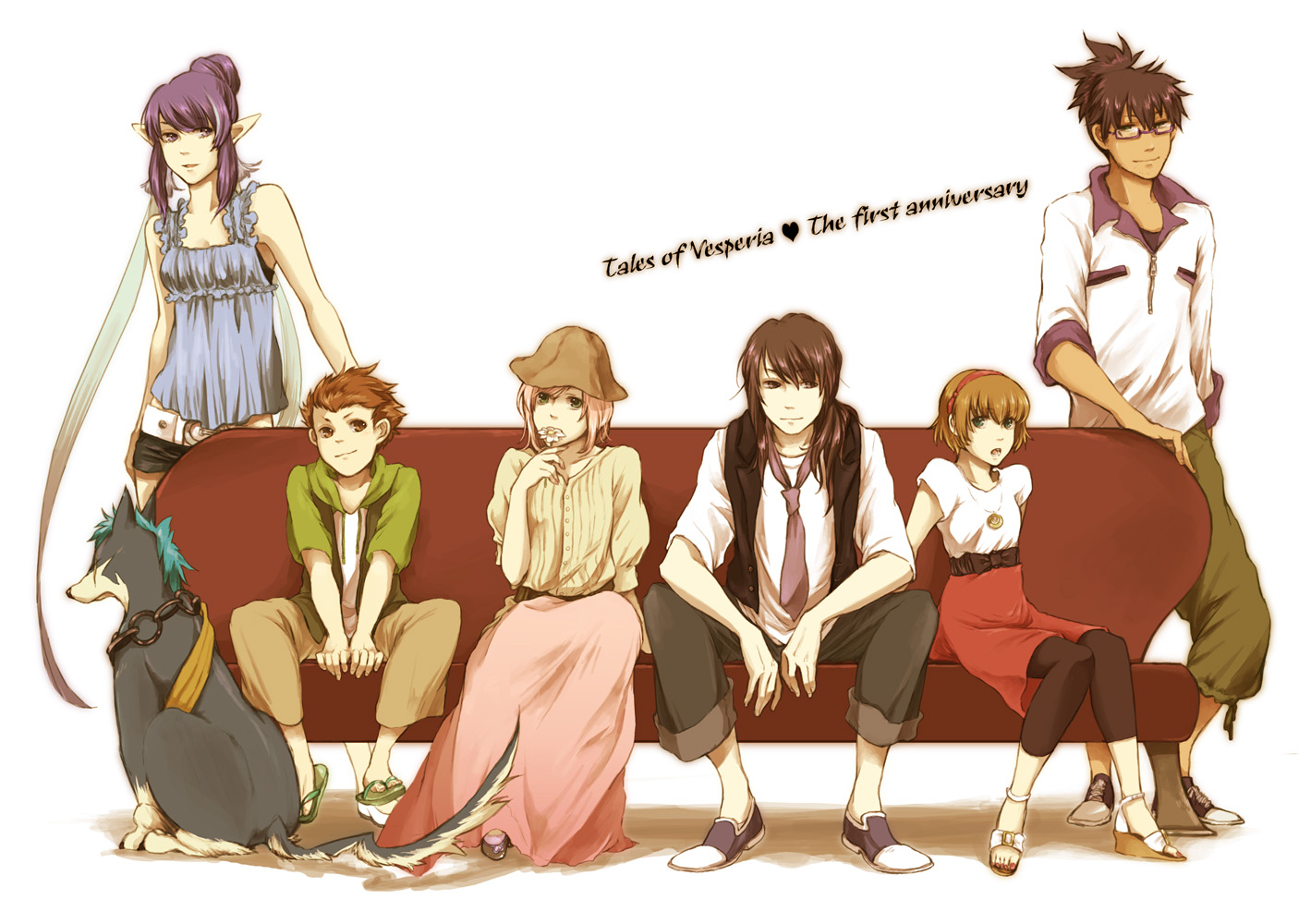 vaayunto yuuki, estellise sidos heurassein, judith (tales), karol capel, raven (tales), repede (tales), rita mordio, yuri lowell, tales of (series), tales of vesperia, bad id, bad pixiv id, 00s, 3boys, 3girls, casual, copyright name, dog, everyone, glasses, hat, multiple boys, multiple girls, pointy ears