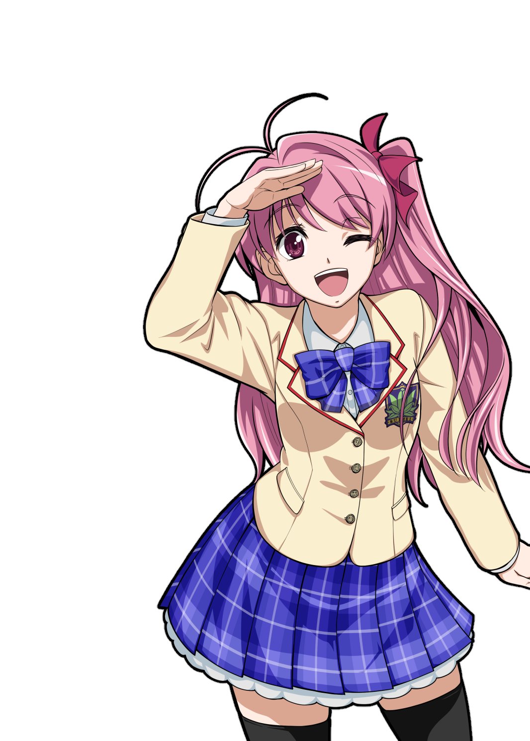 eibon, sakihata rimi, chaos;head, science adventure, commentary request, highres, 1girl, antenna hair, black thighhighs, blazer, bow, bowtie, brown jacket, collared shirt, dress shirt, hair bow, jacket, lapels, looking at viewer, miniskirt, notched lapels, one eye closed, one side up, pink eyes, pink hair, plaid bow, plaid bowtie, plaid clothes, plaid skirt, pleated skirt, purple bow, purple bowtie, purple skirt, salute, school emblem, school uniform, shirt, skirt, solo, suimei academy school uniform, teeth, thighhighs, tongue, upper teeth only, white shirt
