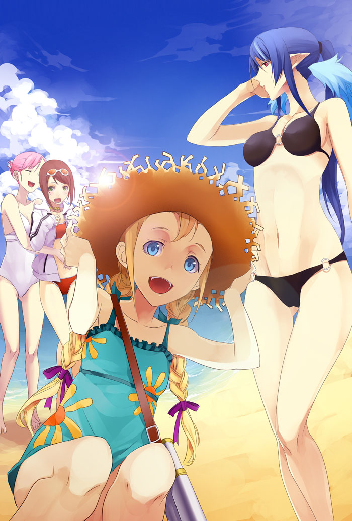 izumi (nagashi), estellise sidos heurassein, estellise sidos heurassein (refreshing dress), judith (barely-there black bikini) (tales), judith (tales), patty fleur, rita mordio, rita mordio (breezy beach girl), tales of (series), tales of vesperia, bad id, bad pixiv id, 00s, 4girls, beach, bikini, blonde hair, blue eyes, blue hair, braid, brown hair, closed eyes, cloud, day, goggles, green eyes, hat, legs, long hair, midriff, multiple girls, official alternate costume, open mouth, outdoors, pink hair, pointy ears, ponytail, red eyes, short hair, sky, swimsuit, twin braids, twintails