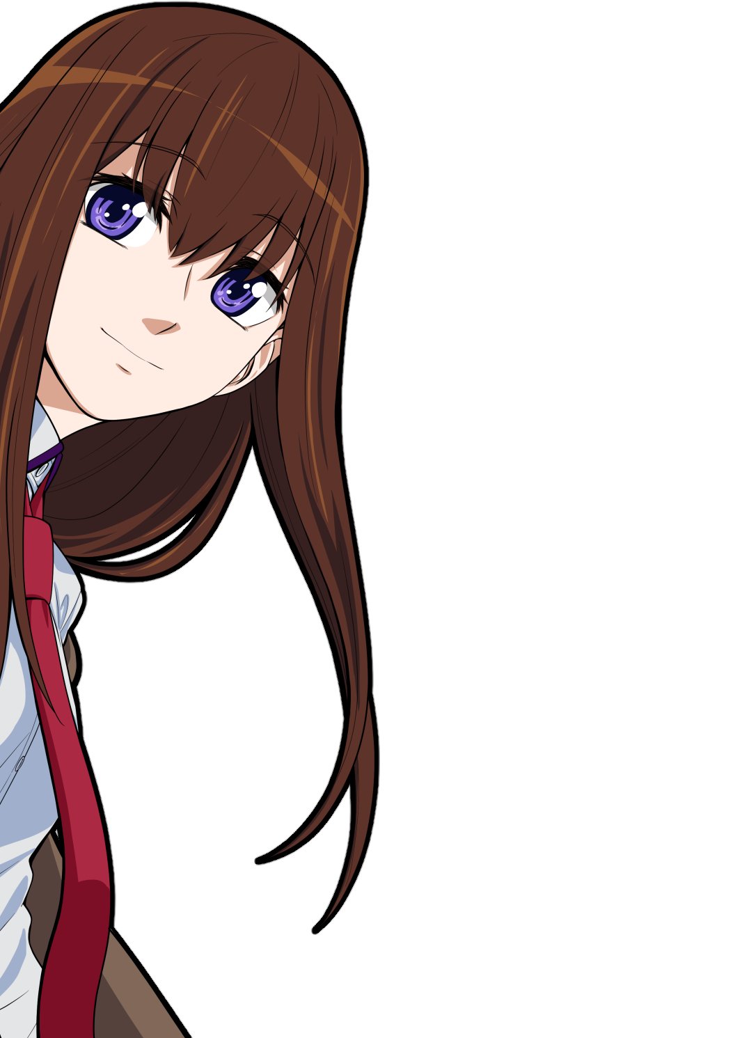 eibon, makise kurisu, science adventure, steins;gate, shiny eyes, commentary request, highres, 1girl, brown eyes, brown hair, brown jacket, dress shirt, jacket, looking at viewer, necktie, purple eyes, purple trim, red necktie, shirt, smile, solo
