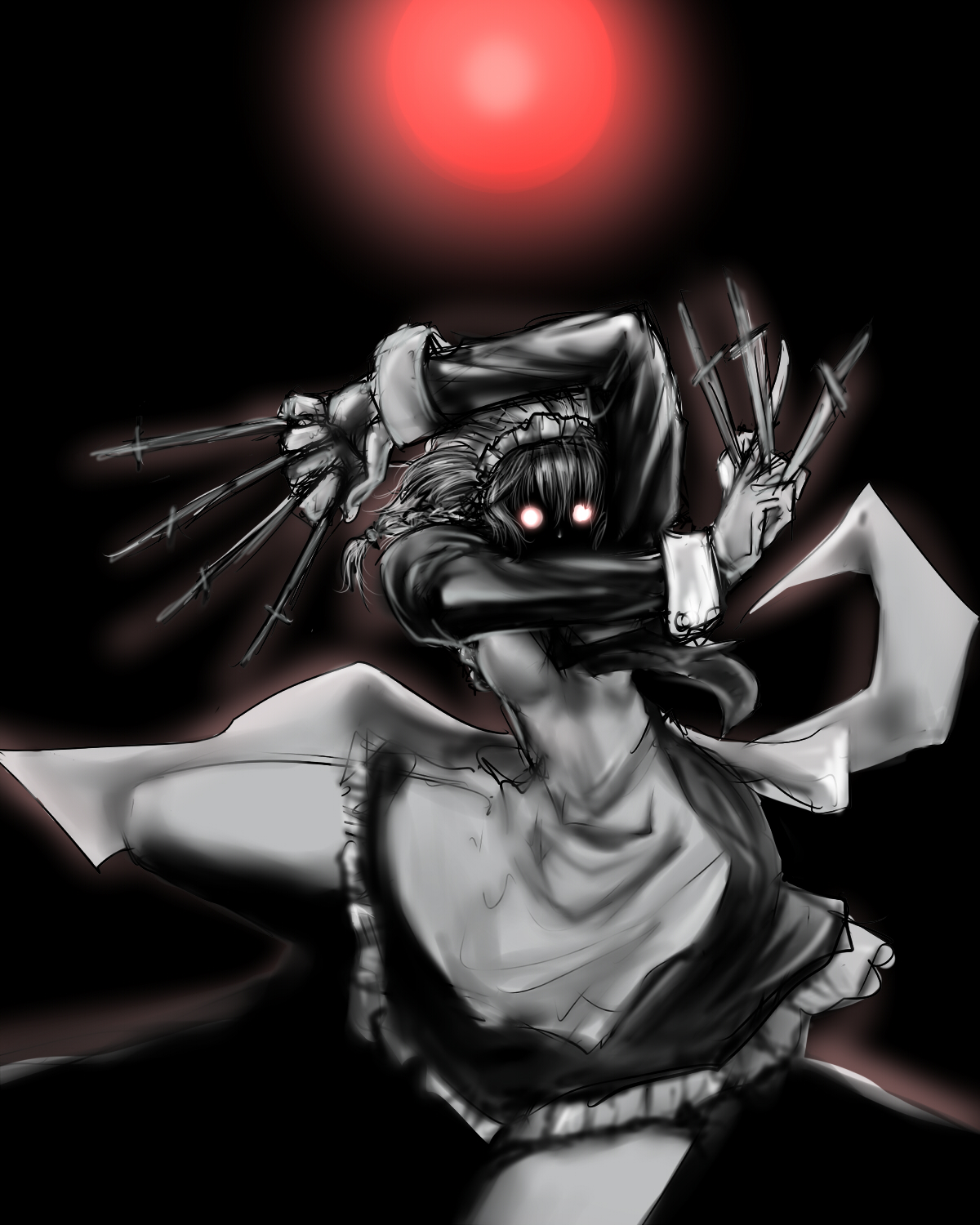 ledjoker07, alexander anderson, izayoi sakuya, roberta (black lagoon), black lagoon, hellsing, touhou, highres, 1girl, aura, between fingers, dual wielding, female focus, glowing, glowing eyes, holding, knife, maid, maid headdress, parody, scary, scary eyes, solo
