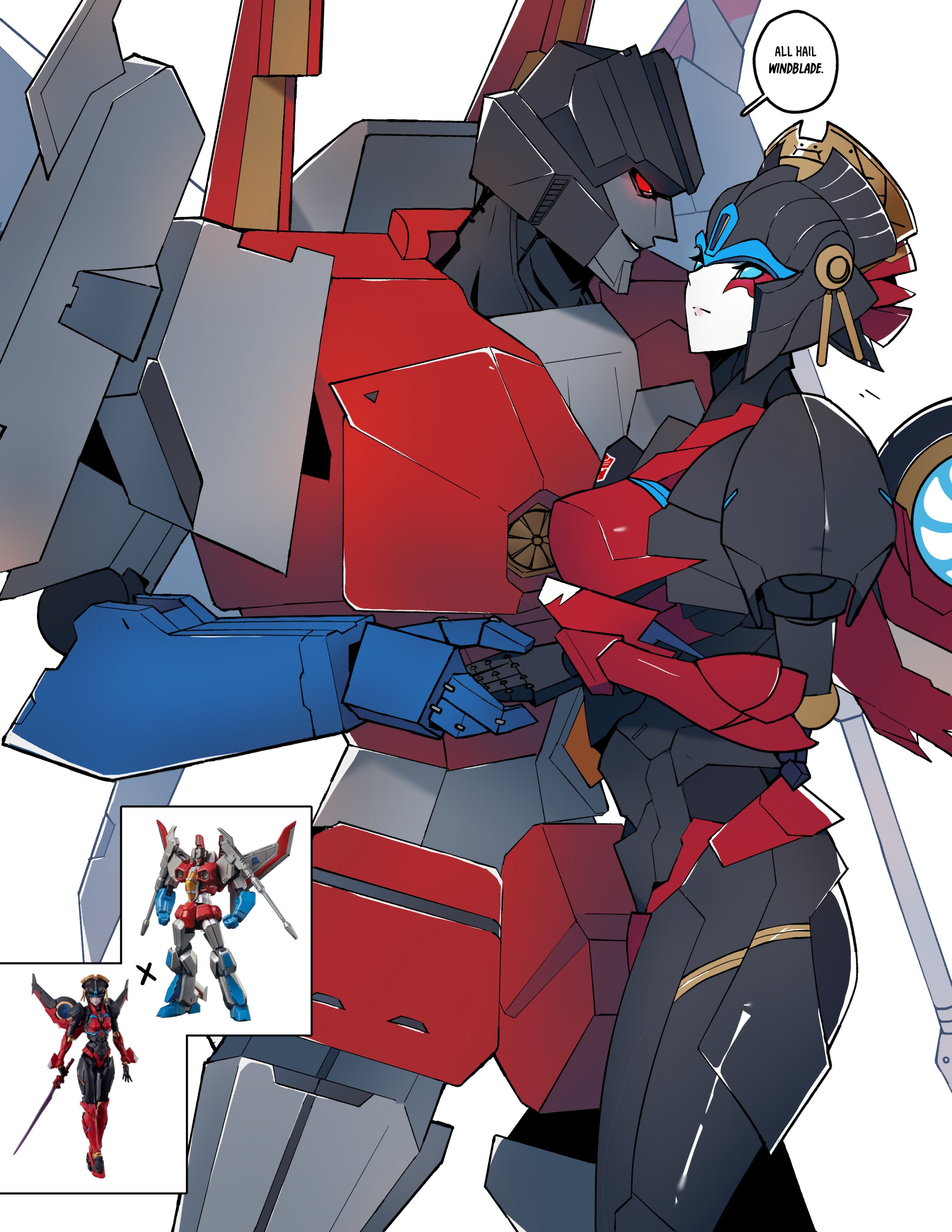 sgrimp, starscream, windblade, transformers, absurdres, commentary, english commentary, highres, 1boy, 1girl, airplane wing, autobot, blue eyes, breasts, english text, flame toys, flame toys windblade, geisha, holding hands, humanoid robot, mecha, mechanical wings, medium breasts, metal skin, red eyes, robot, robot girl, science fiction, speech bubble, teeth, wings