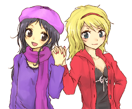 saki (bakura), bebe stevens, wendy testaburger, south park, bad id, bad pixiv id, lowres, 2girls, animification, beret, black hair, blonde hair, blue eyes, brown eyes, hairband, hat, holding hands, jacket, long hair, multiple girls, scarf, simple background