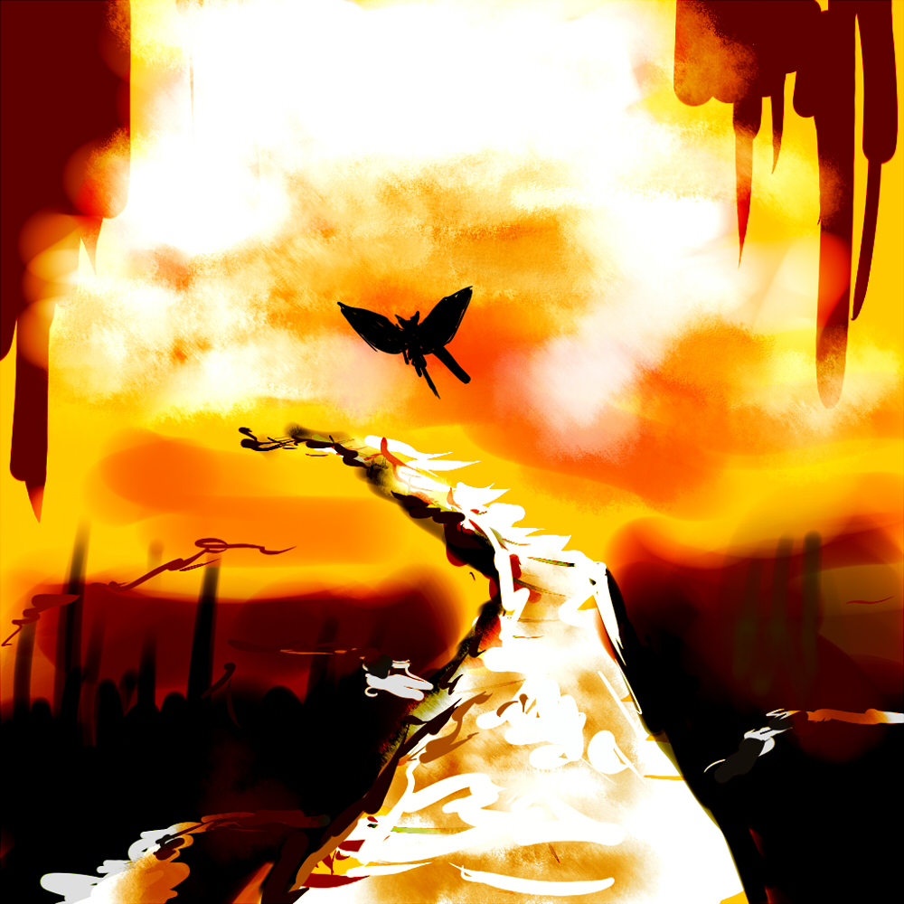 violence kumahina, reiuji utsuho, touhou, bad id, bad pixiv id, 1girl, female focus, flying, outdoors, silhouette, sky, solo, wings