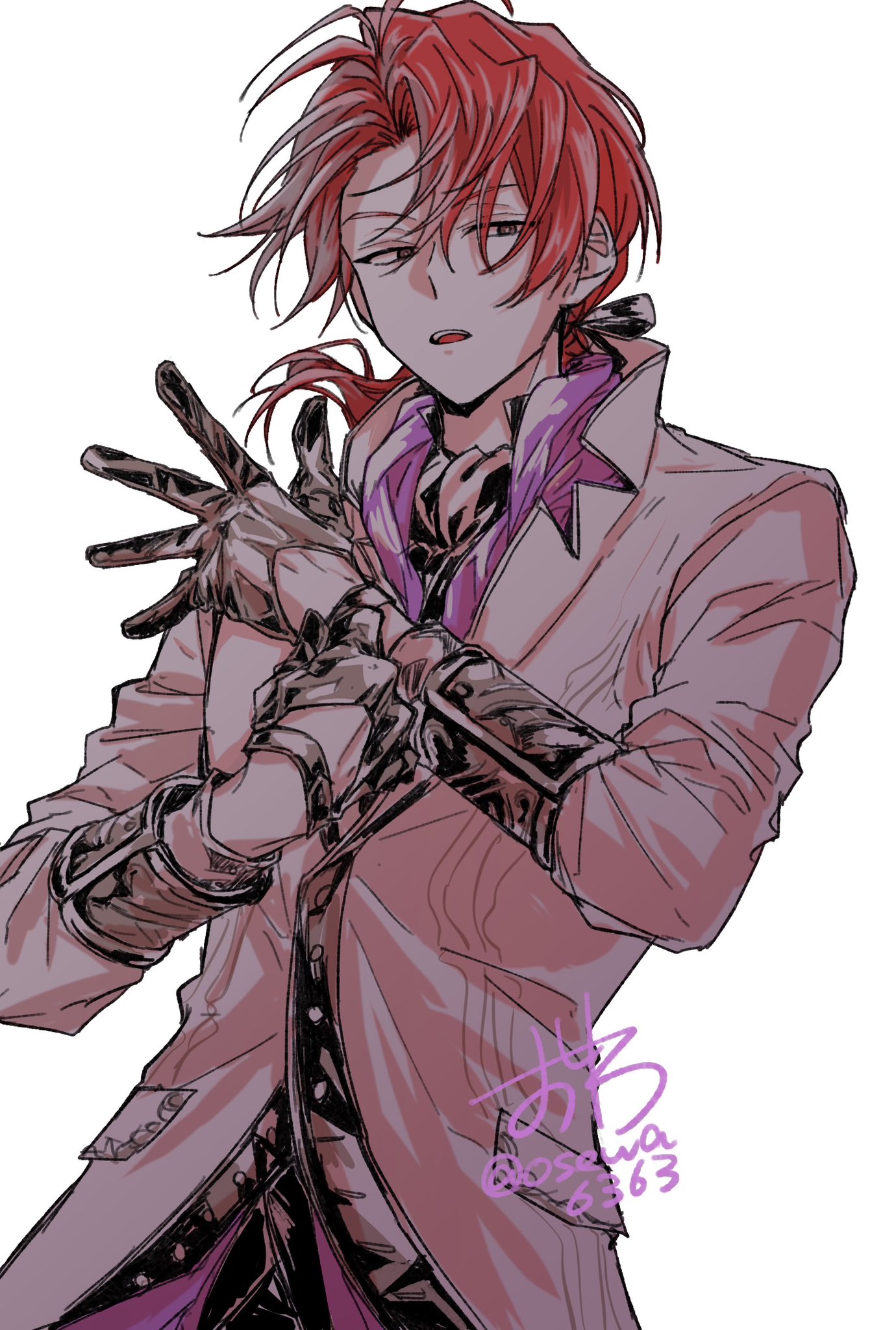 cale henituse, lout of count's family, commentary request, highres, 1boy, adjusting clothes, adjusting gloves, black gloves, black ribbon, coat, dated, gloves, hair ribbon, jacket, long hair, long sleeves, looking at viewer, low ponytail, male focus, open mouth, osewa6363, ponytail, red hair, ribbon, shirt, signature, simple background, solo, teeth, upper body, white background, white coat