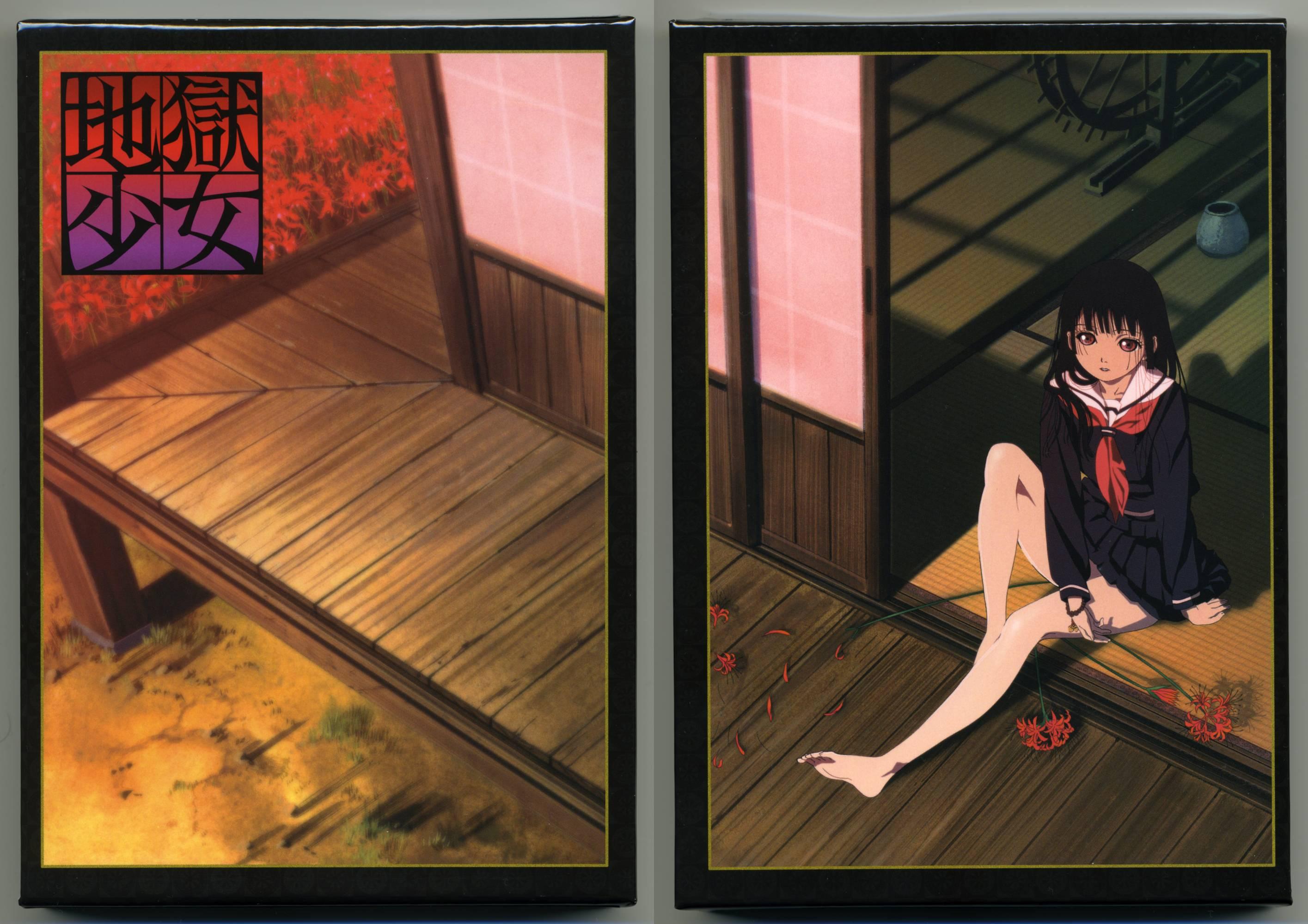 enma ai, jigoku shoujo, highres, official art, 00s, 1girl, bare legs, barefoot, black hair, black serafuku, feet, female focus, flower, full body, hime cut, long hair, red eyes, red flower, school uniform, serafuku, solo, spider lily
