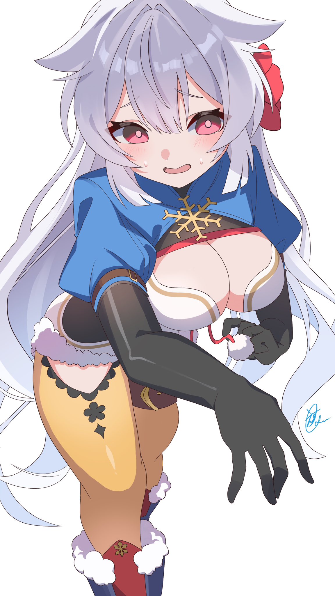 esu 3101, fuyuka (stella sora), stella sora, commentary, highres, 1girl, black gloves, blue boots, blue shrug, boots, breasts, cleavage, elbow gloves, flower, fur-trimmed boots, fur-trimmed leotard, fur trim, gloves, hair flaps, hair flower, hair ornament, large breasts, leotard, long hair, nervous, pom pom (clothes), shrug (clothing), simple background, snowflake brooch, solo, standing, sweat, very long hair, white background, white hair, white leotard, yellow leggings