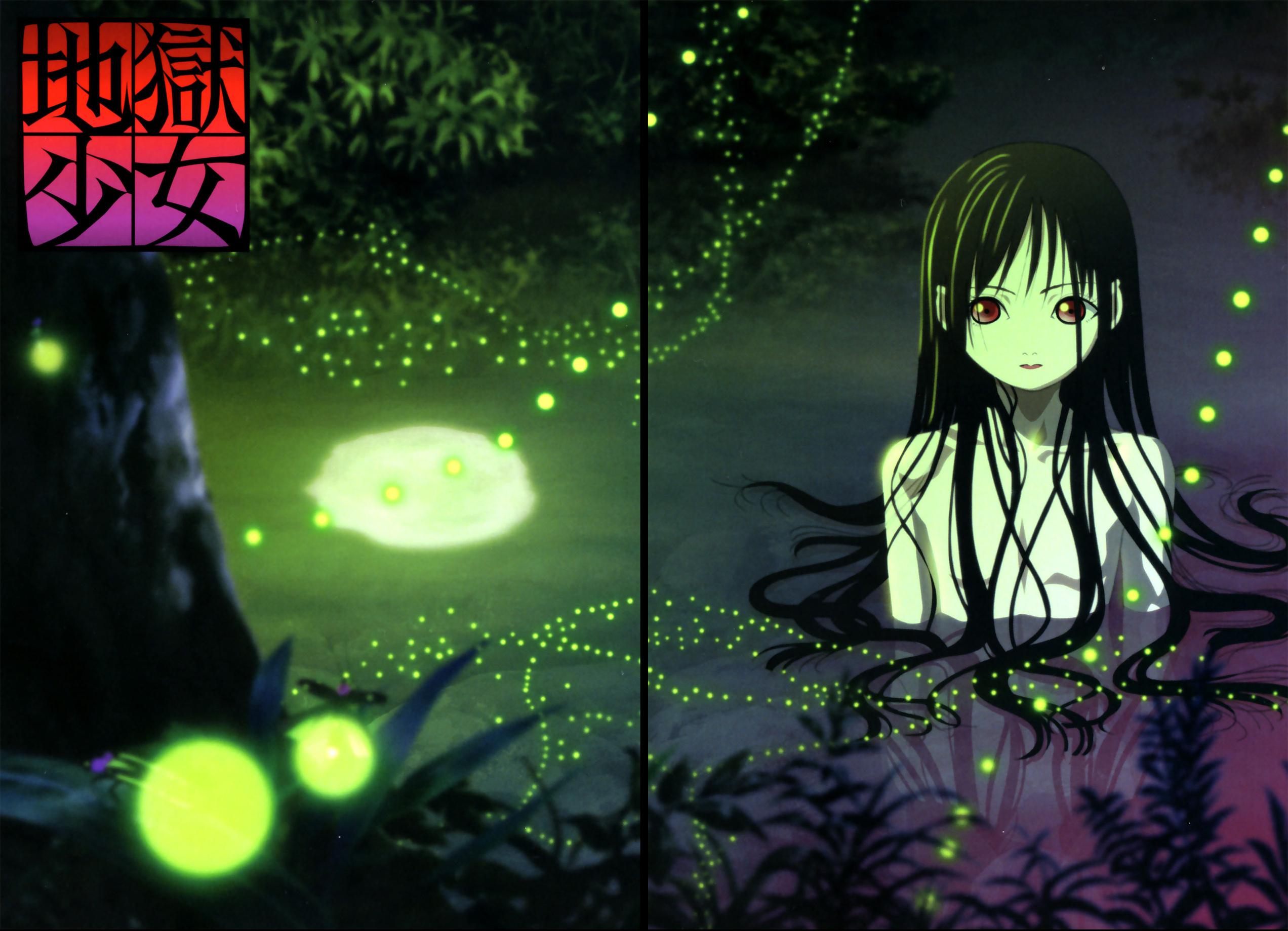 enma ai, jigoku shoujo, highres, official art, 00s, black hair, long hair, red eyes