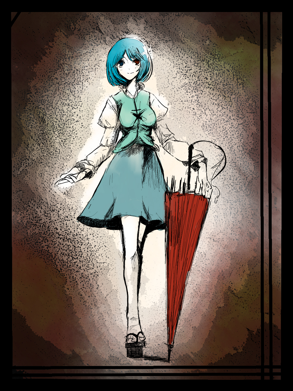 motsuni (artist), tatara kogasa, touhou, highres, 1girl, blue hair, closed umbrella, female focus, full body, geta, heterochromia, short hair, solo, umbrella