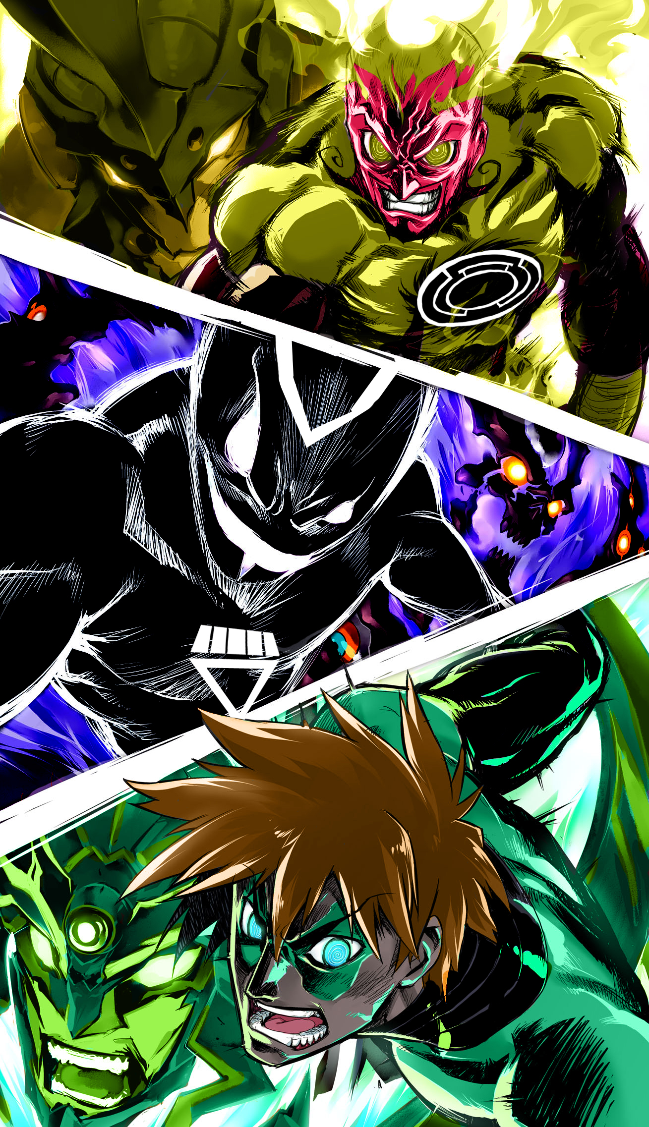 antispiral, black lantern, green lantern, lagann, lazengann, lordgenome, simon (ttgl), sinestro, sinestro corps, thaal sinestro, dc comics, green lantern (series), tengen toppa gurren lagann, artist request, highres, 3boys, @ @, animification, anti-spiral, crossover, hair between eyes, male focus, manly, mask, multiple boys, parody