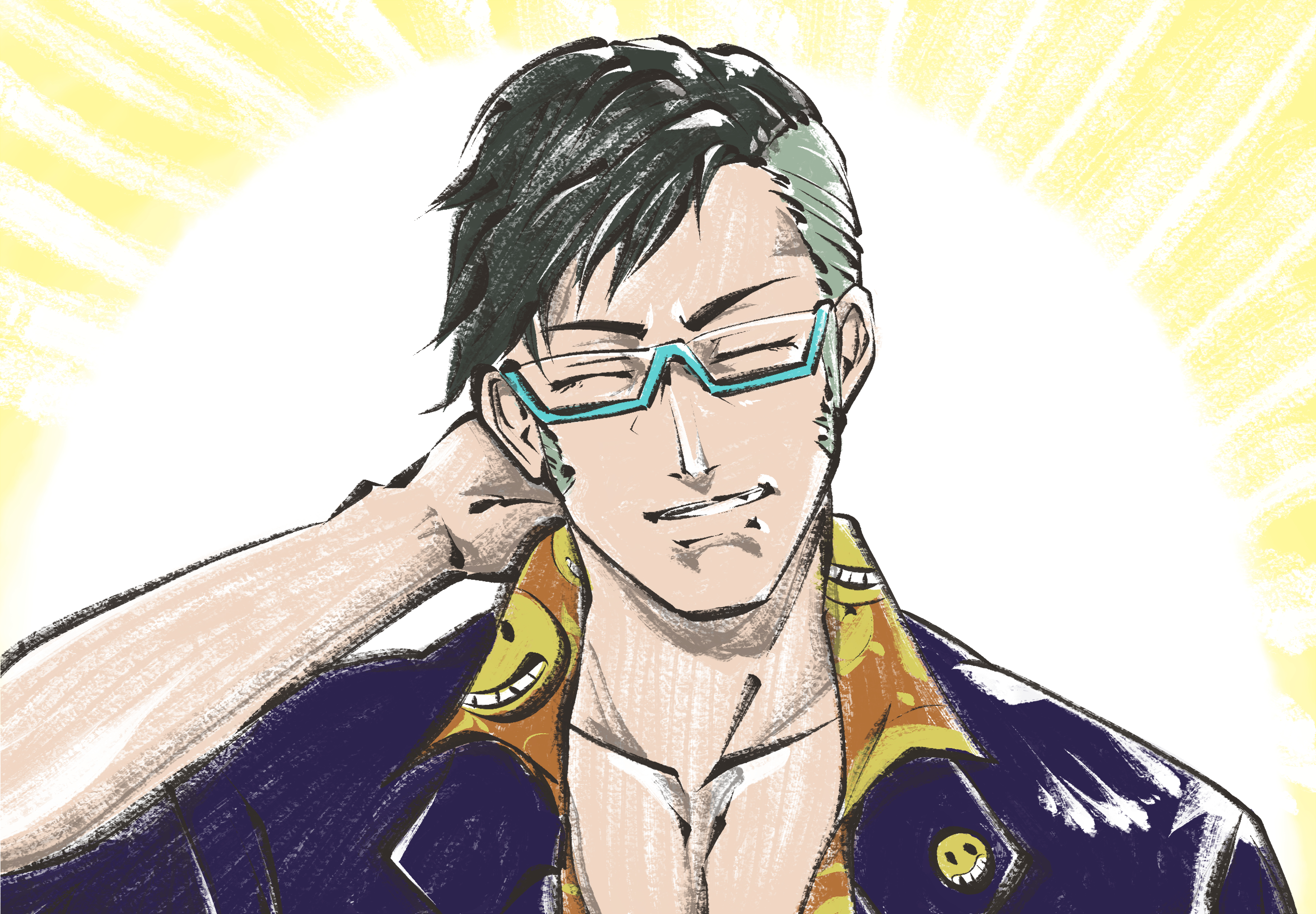sumikko bkht, daidou shinove, holostars, absurdres, commentary, highres, 1boy, abs, black hair, blue-framed eyewear, blue jacket, closed eyes, collarbone, glasses, green hair, jacket, male focus, print shirt, shirt, short hair, sideburns, smiley face, solo