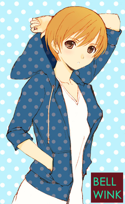 seiru (prairie), satonaka chie, atlus, persona, persona 4, 1girl, blush, brown eyes, brown hair, female focus, hood, hoodie, open mouth, polka dot, polka dot shirt, shirt, short hair, solo, tomboy