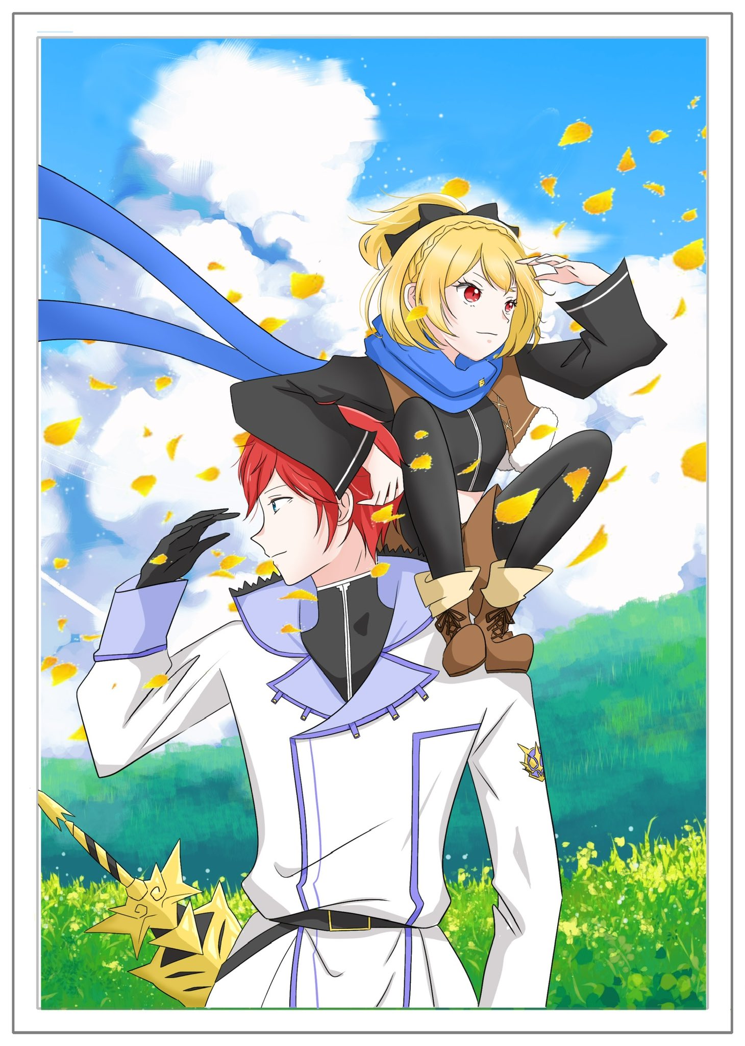 heinkel louanna, felt (re:zero), reinhard van astrea, re:zero kara hajimeru isekai seikatsu, commentary request, highres, blonde hair, blue eyes, blue scarf, boots, bright background, brown vest, cloud, cloudy sky, coat, grass, knight, leaf, looking to the side, pants, picture frame, red eyes, red hair, scarf, short hair, sitting, sitting on person, sky, sword, turning head, vest, weapon, white coat, white pants