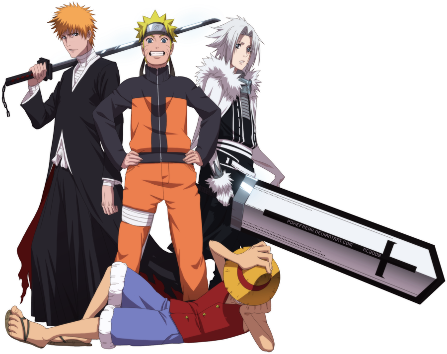 pokefreak, allen walker, kurosaki ichigo, monkey d. luffy, uzumaki naruto, bleach, d.gray-man, one piece, shounen jump, naruto, silver hair, wallpaper, 4boys, bandages, black hair, blonde hair, blue eyes, brown eyes, company connection, crossover, forehead protector, gloves, grin, hachimaki, hat, headband, jacket, japanese clothes, kimono, long hair, multiple boys, orange hair, ponytail, sandals, short hair, shorts, sitting, smile, straw hat, sword, weapon