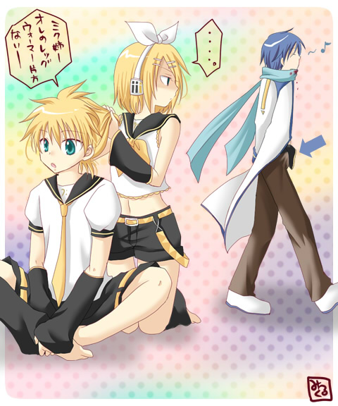milk coffee, kagamine len, kagamine rin, kaito (vocaloid), vocaloid, bad id, bad pixiv id, translated, 1girl, 2boys, arrow (symbol), barefoot, blonde hair, blood, blue eyes, blue hair, blue scarf, detached sleeves, hair ornament, hair ribbon, hairclip, headphones, multiple boys, necktie, ribbon, scarf, short hair, shorts, siblings, smile, twins, yellow necktie