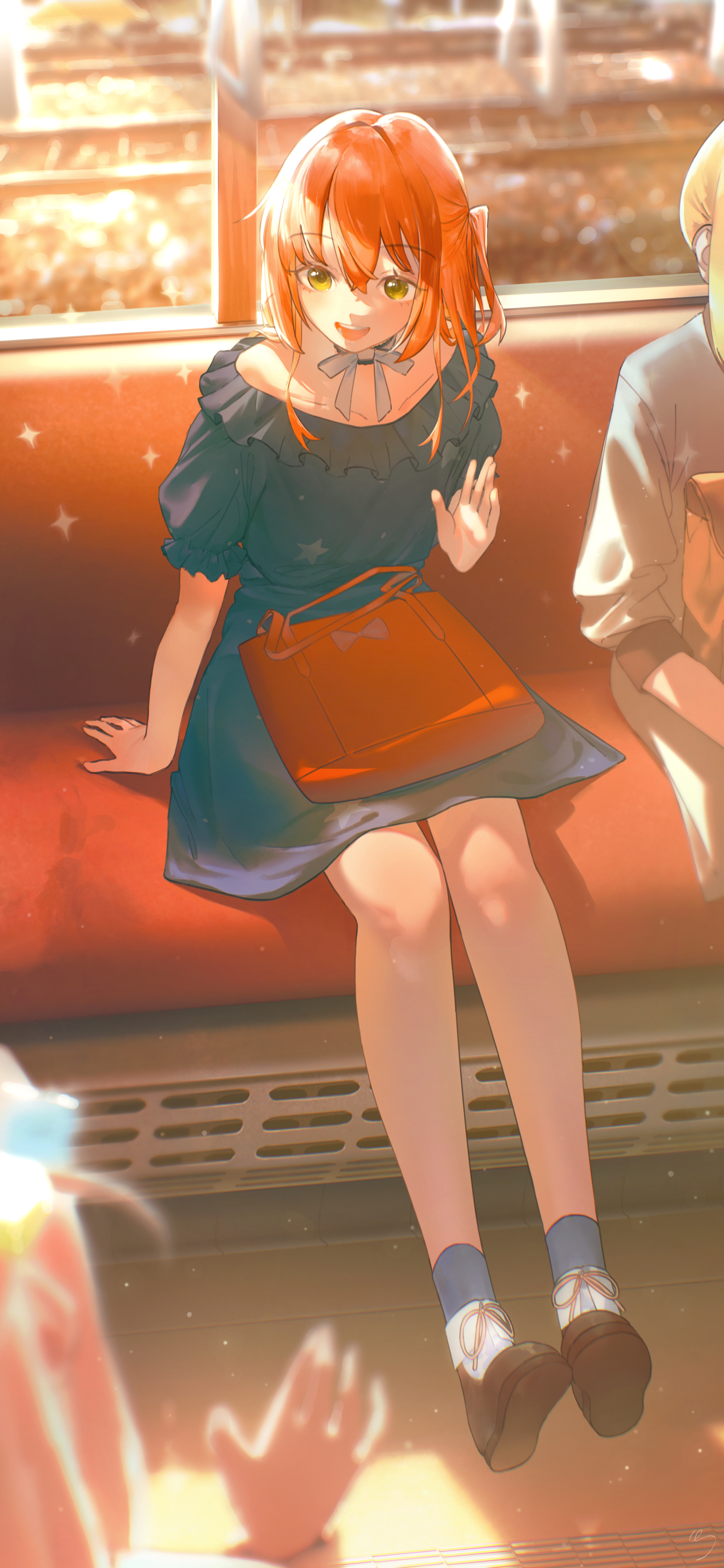 tori-desu, gotoh hitori, ijichi nijika, kita ikuyo, bocchi the rock!, absurdres, commentary request, highres, 3girls, alternate costume, bag, blonde hair, blush, breasts, casual, choker, cube hair ornament, flat chest, hair ornament, long hair, multiple girls, official alternate costume, one side up, open mouth, pink hair, red hair, ribbon, ribbon choker, scenery, shoulder bag, small breasts, smile, train, train interior, waving, yellow eyes