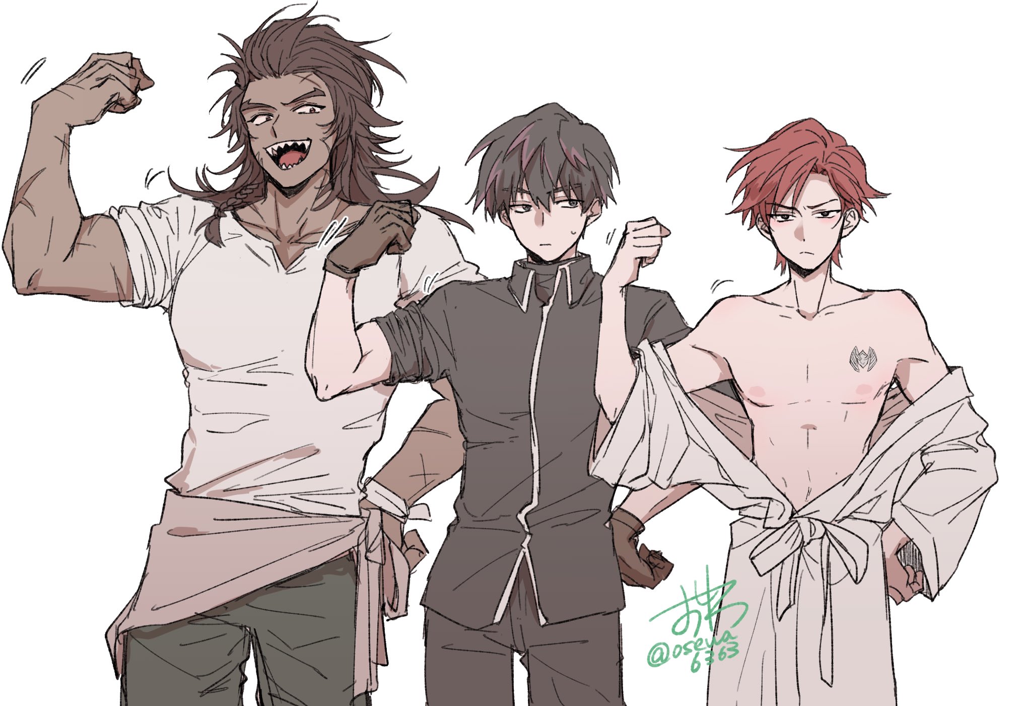 cale henituse, choi han, lout of count's family, commentary request, highres, 3boys, black hair, black shirt, brown gloves, brown hair, chest tattoo, clothes around waist, cowboy shot, dark-skinned male, dark skin, flexing, gloves, green pants, hair slicked back, hand on own hip, long hair, looking at another, male focus, multicolored hair, multiple boys, muscular, muscular male, no nipples, open mouth, osewa6363, pants, pectorals, red hair, scar, scar on arm, scar on face, sharp teeth, shirt, short hair, signature, simple background, sleeves rolled up, smile, standing, streaked hair, tattoo, teeth, toned, toned male, topless male, tunka (lout of count's family), twitter username, white background, white shirt