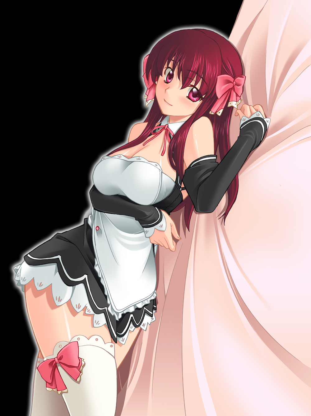 hozumi takashi, amane (dream c club), dream c club, dream c club (series), highres, 1girl, bed, blush, bow, breasts, cleavage, elbow gloves, female focus, gloves, hair bow, hair ribbon, large breasts, long hair, lying, red eyes, red hair, ribbon, solo, thighhighs, zettai ryouiki