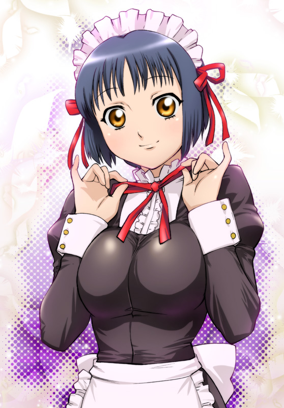 ueyama michirou, fujikura yuu, princess lover, 1girl, apron, black hair, blue hair, breasts, breasts squeezed together, female focus, hairband, headdress, large breasts, maid, maid apron, short hair, smile, solo, yellow eyes