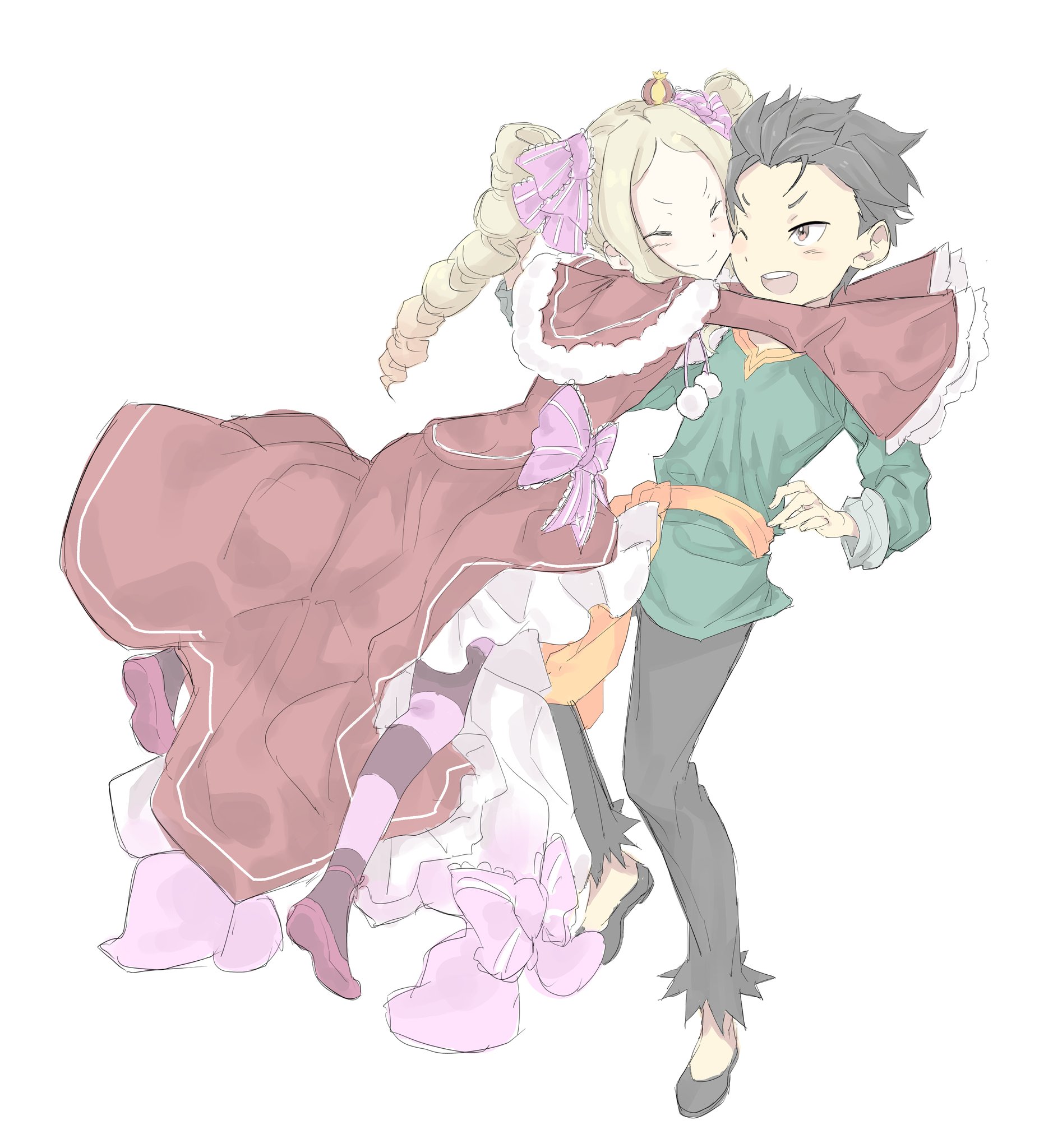 beatrice (re:zero), natsuki subaru, re:zero kara hajimeru isekai seikatsu, hashtag-only commentary, highres, 1boy, 1girl, affectionate, black eyes, black hair, black pants, blonde hair, butterfly-shaped pupils, crown, drill hair, green shirt, hug, long sleeves, mini crown, open mouth, pants, pink pupils, ppanya030, shirt, smile, symbol-shaped pupils, twin drills, white background