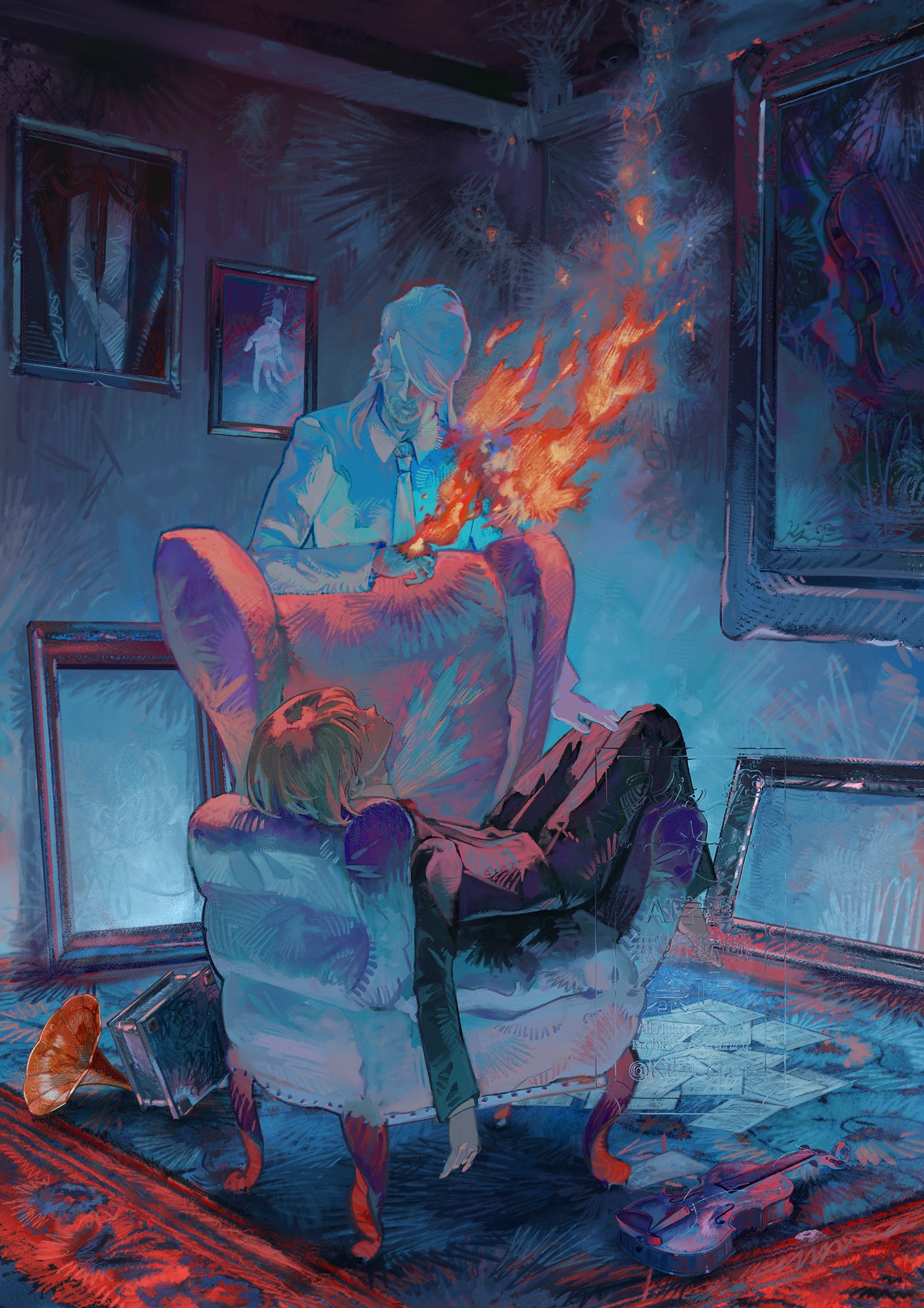 kikiccree, original, commentary, highres, 2boys, armchair, barefoot, blonde hair, burning, carpet, chair, closed eyes, facial hair, fire, hand on another's leg, instrument, lying, male focus, multiple boys, phonograph, picture frame, rug, violin