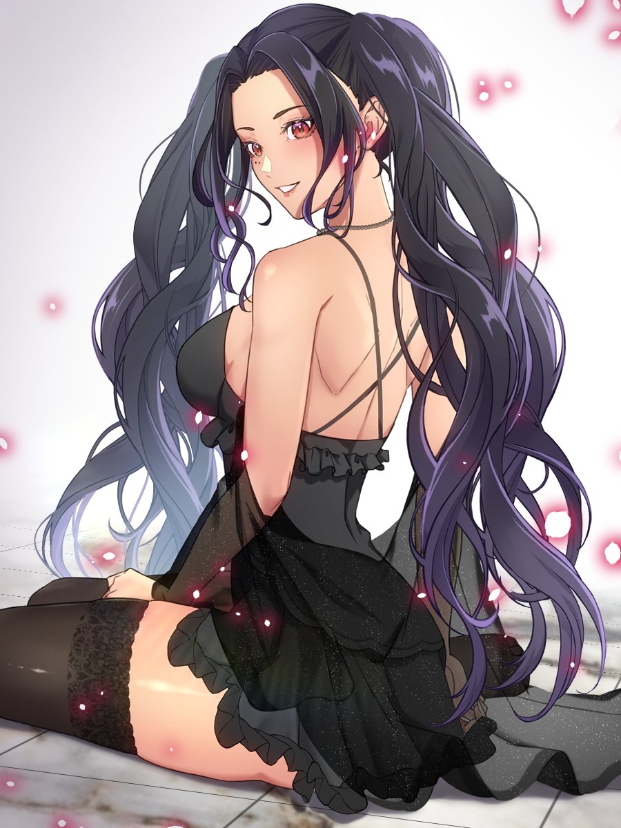 oekakissaerizoh, scarle yonaguni, scarle yonaguni (pajamas), nijisanji, nijisanji en, commentary, english commentary, highres, 1girl, black dress, black hair, black thighhighs, breasts, closed mouth, dress, large breasts, long hair, looking at viewer, mole, mole under eye, official alternate hairstyle, red eyes, sideboob, smile, solo, thighhighs, twintails, very long hair, virtual youtuber