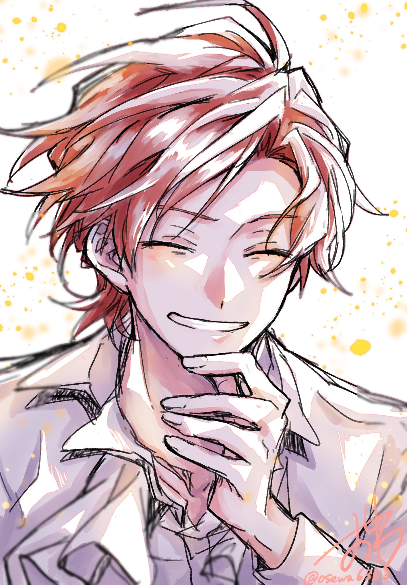 cale henituse, lout of count's family, commentary request, highres, 1boy, ascot, closed eyes, collared shirt, facing viewer, grin, hand on own chin, long sleeves, male focus, open collar, orange hair, osewa6363, red hair, shirt, short hair, signature, smile, solo, teeth, white ascot, white background, white shirt