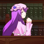 tsuyuki, tsuyuki (yukitgraph), patchouli knowledge, lyrical nanoha, mahou shoujo lyrical nanoha, mahou shoujo lyrical nanoha strikers, touhou, animated, animated gif, lowres, 1girl, :<, book, closed eyes, female focus, library, own hands clasped, own hands together, parody, solo, spinning, voile