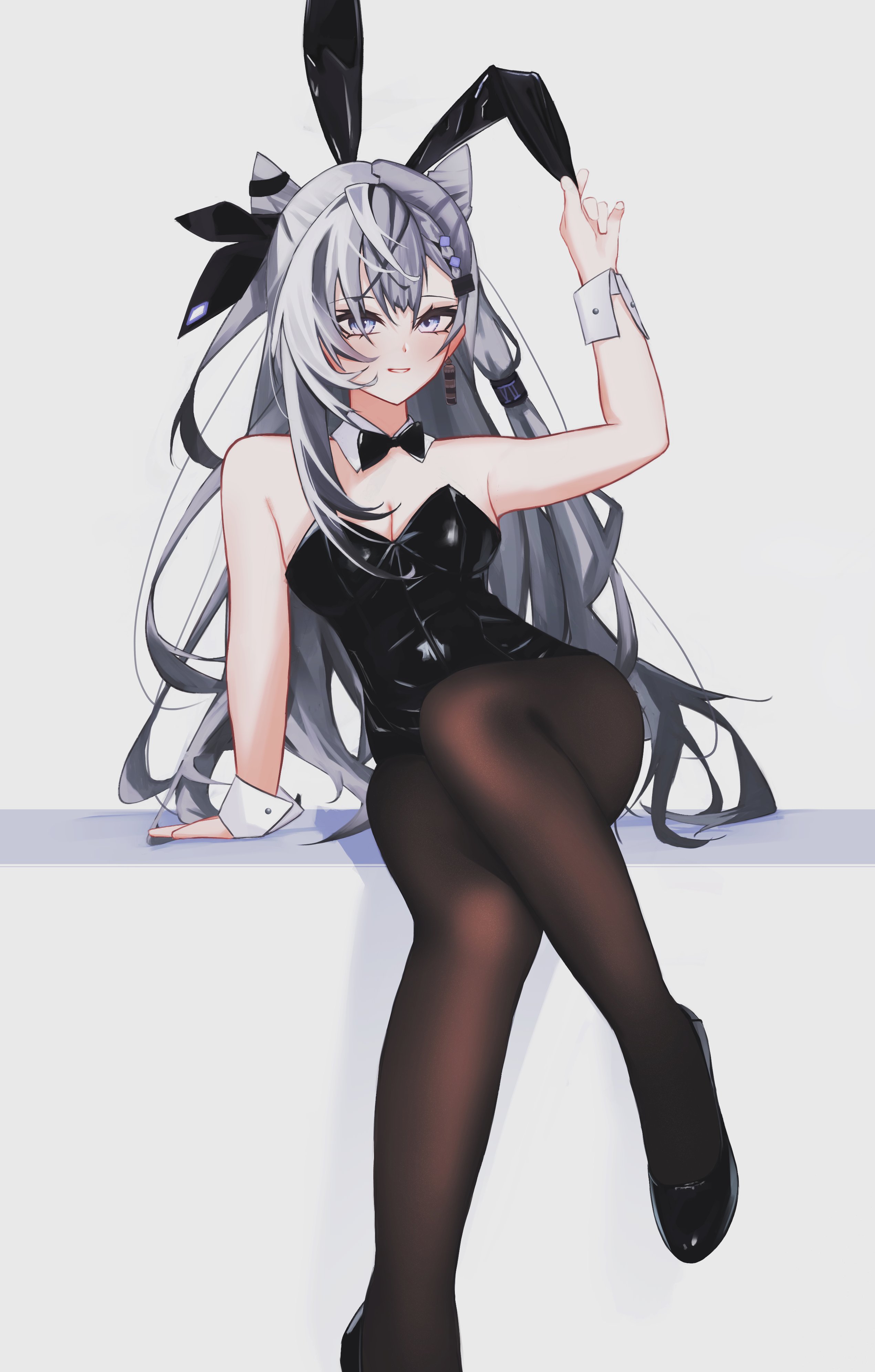 saltdcrmell, vestia zeta, hololive, hololive indonesia, absurdres, commentary, highres, symbol-only commentary, 1girl, animal ears, black bow, black bowtie, black pantyhose, blue eyes, bow, bowtie, breasts, cleavage, cone hair bun, detached collar, earrings, grey hair, hair bun, jewelry, leotard, long hair, pantyhose, rabbit ears, single earring, strapless, strapless leotard, virtual youtuber, wrist cuffs