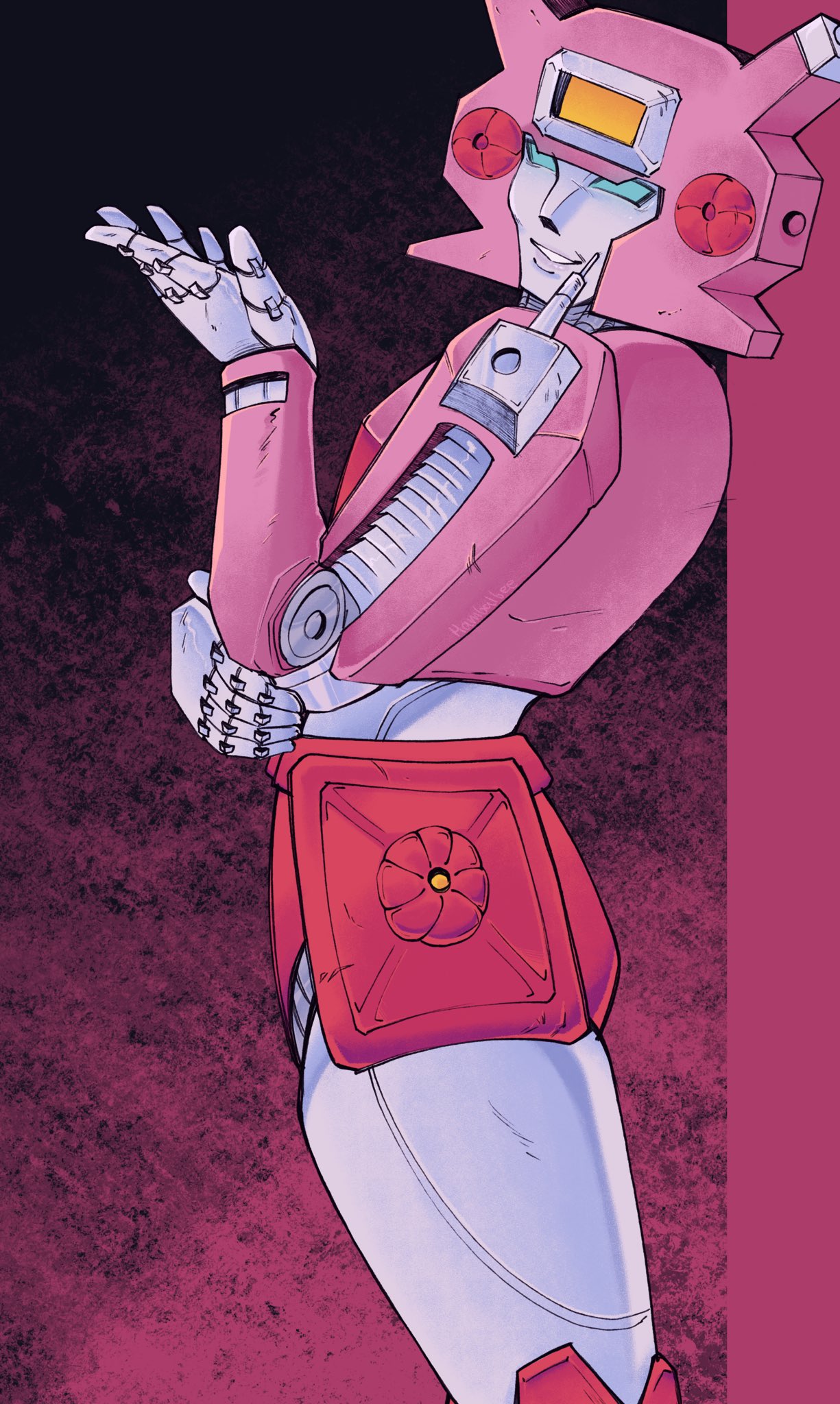 elita one, transformers, transformers: generation 1, highres, 1girl, armor, autobot, blue eyes, hambalbee, helmet, humanoid robot, metal skin, pink armor, pink helmet, robot, robot girl, science fiction, thighs