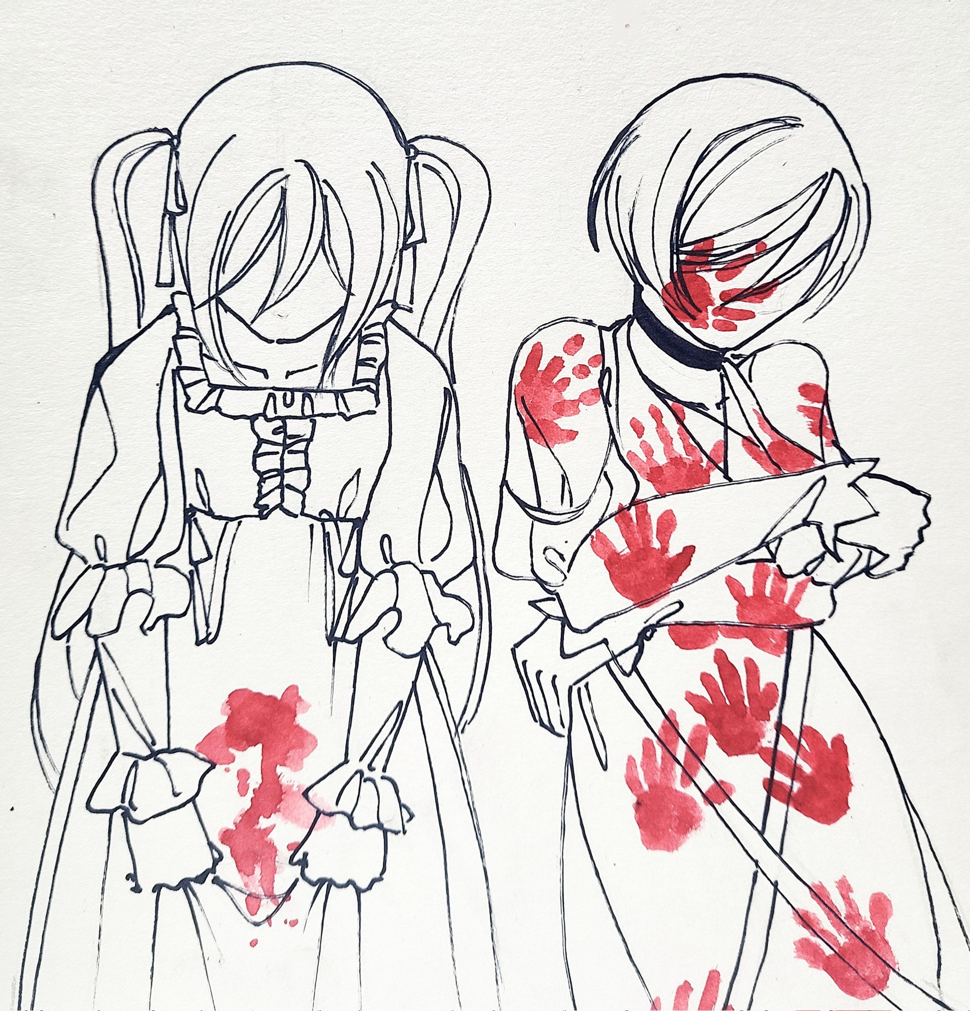 meta28050, eve moonlit, hatsune miku, meiko (vocaloid), meta salmhofer, vocaloid, commentary, english commentary, highres, 2girls, abortion, black choker, blood, blood on clothes, bloody handprints, choker, clothes grab, collarbone, crossed arms, dress, faceless, frilled dress, frills, hair ribbon, hand on own arm, handprint, hands on own shoulders, implied rape, long hair, looking down, multiple girls, ribbon, self hug, short hair, skirt grab, swept bangs, symbolism, twintails, very long hair