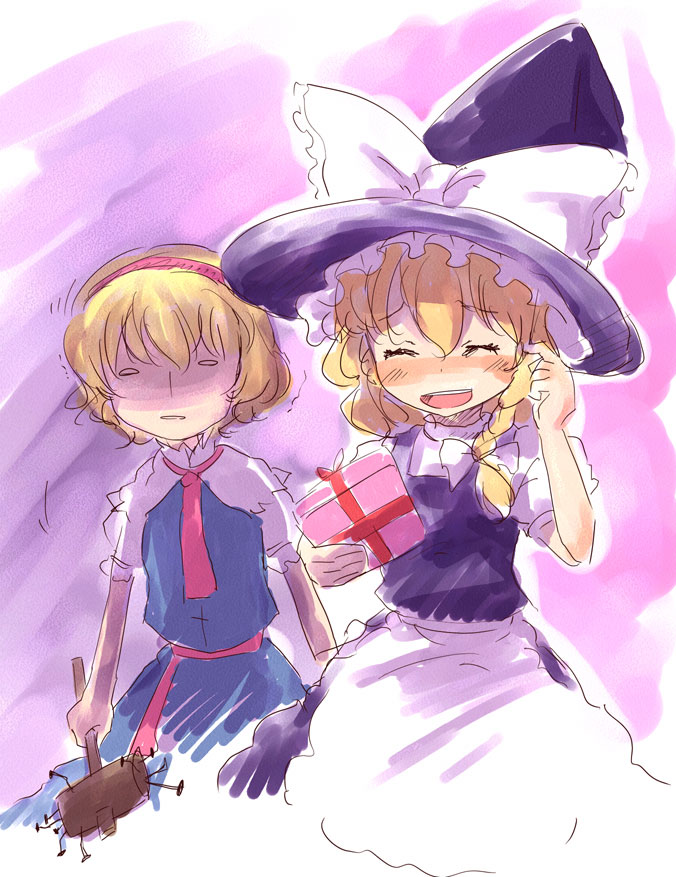 mishima hiroji, alice margatroid, kirisame marisa, touhou, 2girls, blonde hair, female focus, gift, hairband, hat, holding, holding gift, multiple girls, ribbon