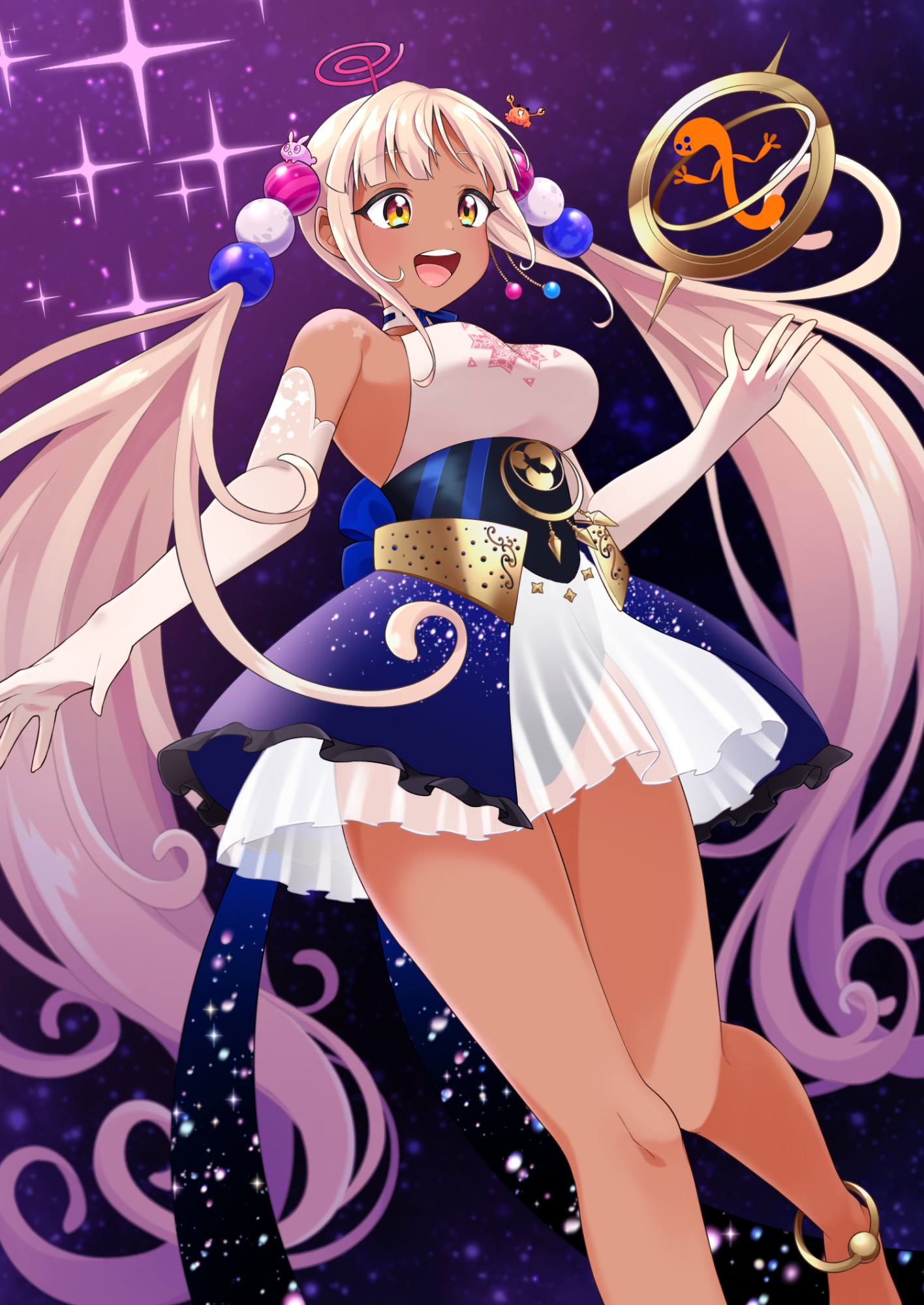 ohu (kagemaru), kaniko (tsukumo sana), tsukumo sana, tsukumo sana (1st costume), usaslug (tsukumo sana), yatagarasu (tsukumo sana), hololive, hololive english, commentary, english commentary, highres, 1girl, :d, blonde hair, blue leotard, blue skirt, breasts, dark-skinned female, dark skin, elbow gloves, gloves, halter shirt, halterneck, leotard, leotard under clothes, limiter (tsukumo sana), long hair, miniskirt, open mouth, overskirt, pleated skirt, see-through clothes, see-through skirt, shirt, sideboob, skin tight, skirt, smile, solo, sparkle, starry sky print, teeth, tongue, twintails, underbust, upper teeth only, very long hair, virtual youtuber, white gloves, white shirt, white skirt, yellow eyes