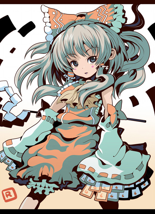 ryuno, hakurei reimu, touhou, 1girl, female focus, gohei, gradient background, japanese clothes, miko, ribbon, solo, white background