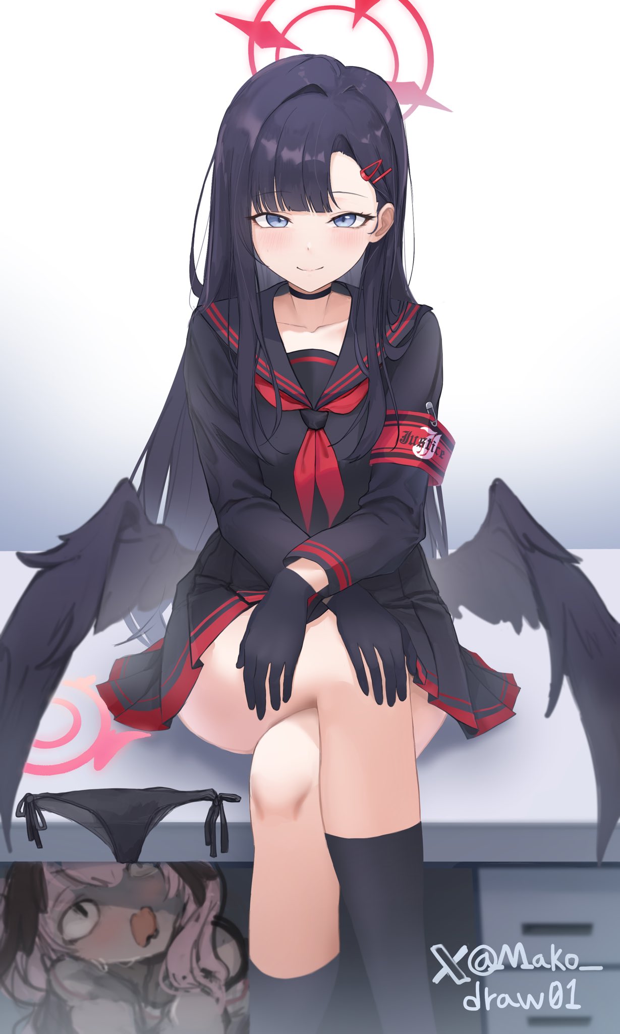 ichika (blue archive), koharu (blue archive), blue archive, highres, <|> <|>, 2girls, armband, black choker, black hair, black panties, black sailor collar, black serafuku, black skirt, black socks, black wings, blue eyes, choker, closed mouth, collarbone, crossed legs, desk, hair ornament, hairclip, halo, head wings, legs, long sleeves, looking at viewer, low wings, mako draw01, multiple girls, neckerchief, on desk, open mouth, panties, pink hair, pink halo, pleated skirt, red armband, red halo, red neckerchief, romaji commentary, sailor collar, school uniform, serafuku, side-tie panties, simple background, sitting, skirt, smile, socks, solo focus, surprised, thighs, twitter username, under table, underwear, unworn panties, wavy mouth, wet, wet clothes, wet panties, white background, wings