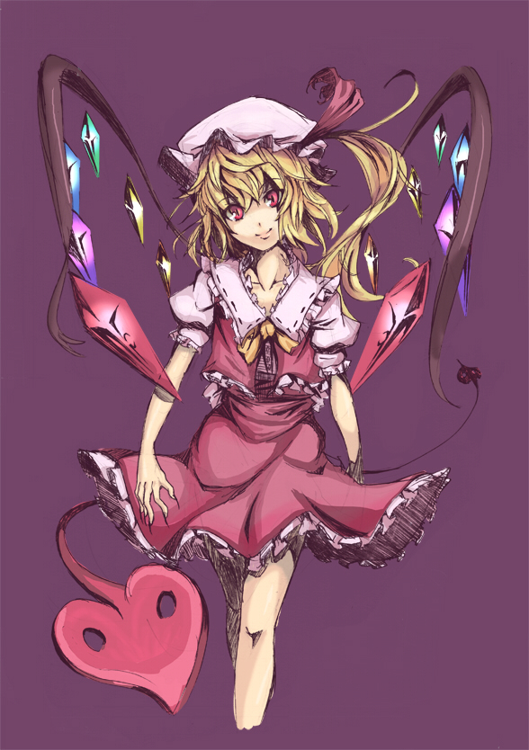 aryus, flandre scarlet, touhou, bad id, bad pixiv id, 1girl, blonde hair, blouse, collared shirt, female focus, foreshortening, hair between eyes, hat, mob cap, purple background, red eyes, ribbon, shirt, simple background, solo, standing, white hat, white shirt, wings