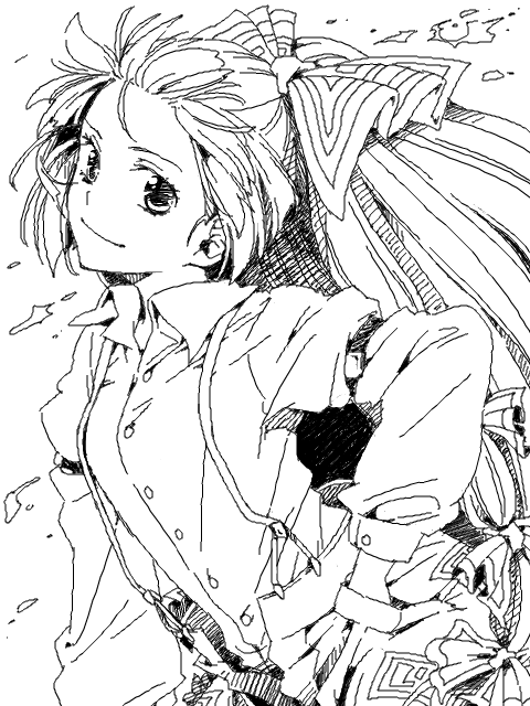 youko (santarose), fujiwara no mokou, touhou, 1girl, female focus, greyscale, long hair, monochrome, ribbon, solo, white background