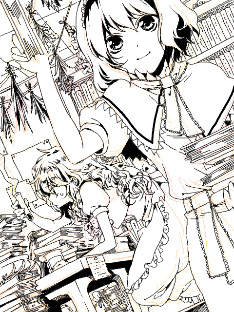 youko (santarose), alice margatroid, kirisame marisa, touhou, 2girls, alchemy, book, bow, dress, female focus, greyscale, hair bow, indoors, library, long hair, monochrome, multiple girls, mushroom, necktie, note, plant, ribbon, short hair, smile